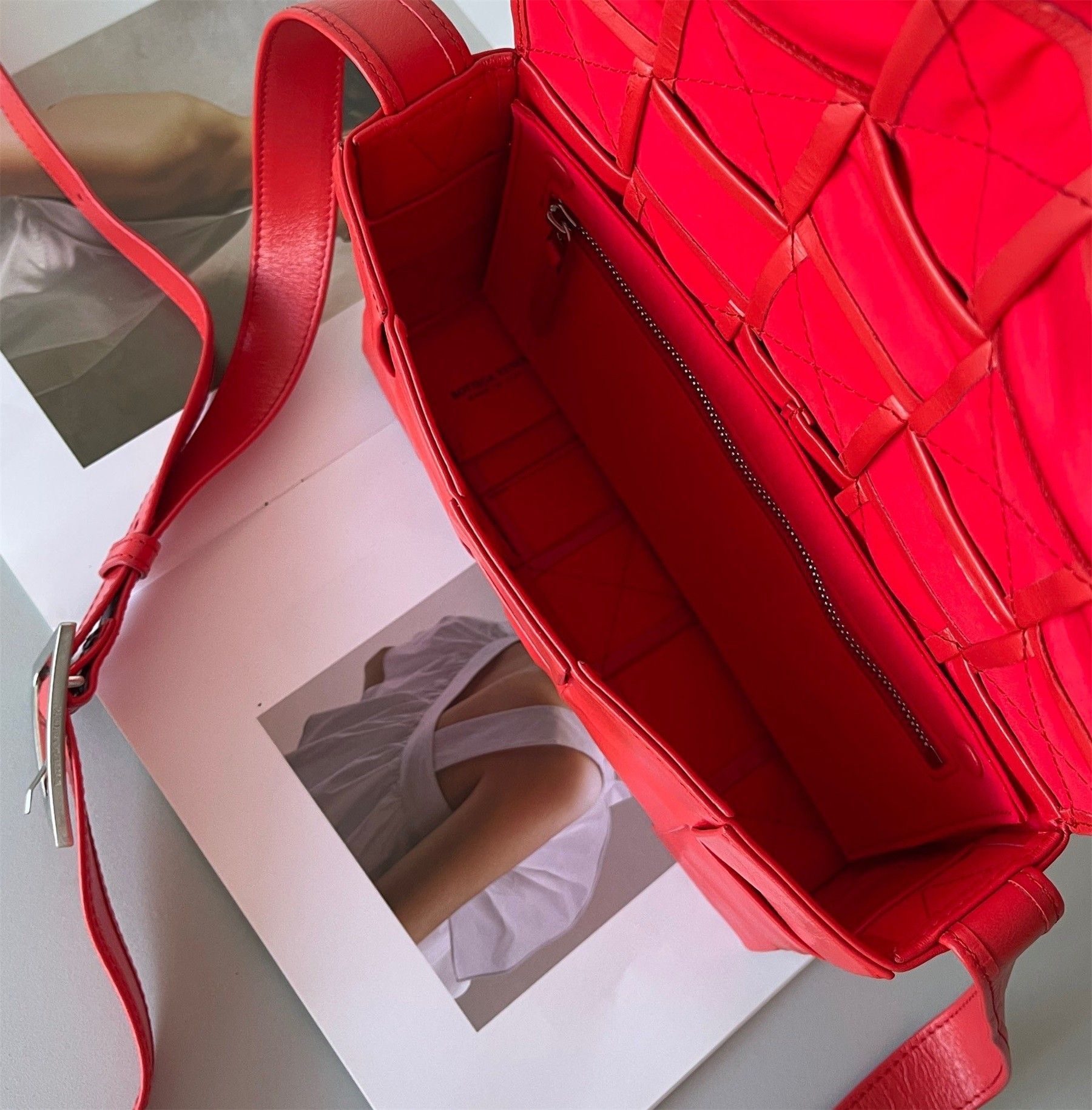 Bottega Veneta Cassette Bag In Red Wrinkled Intreccio Calfskin