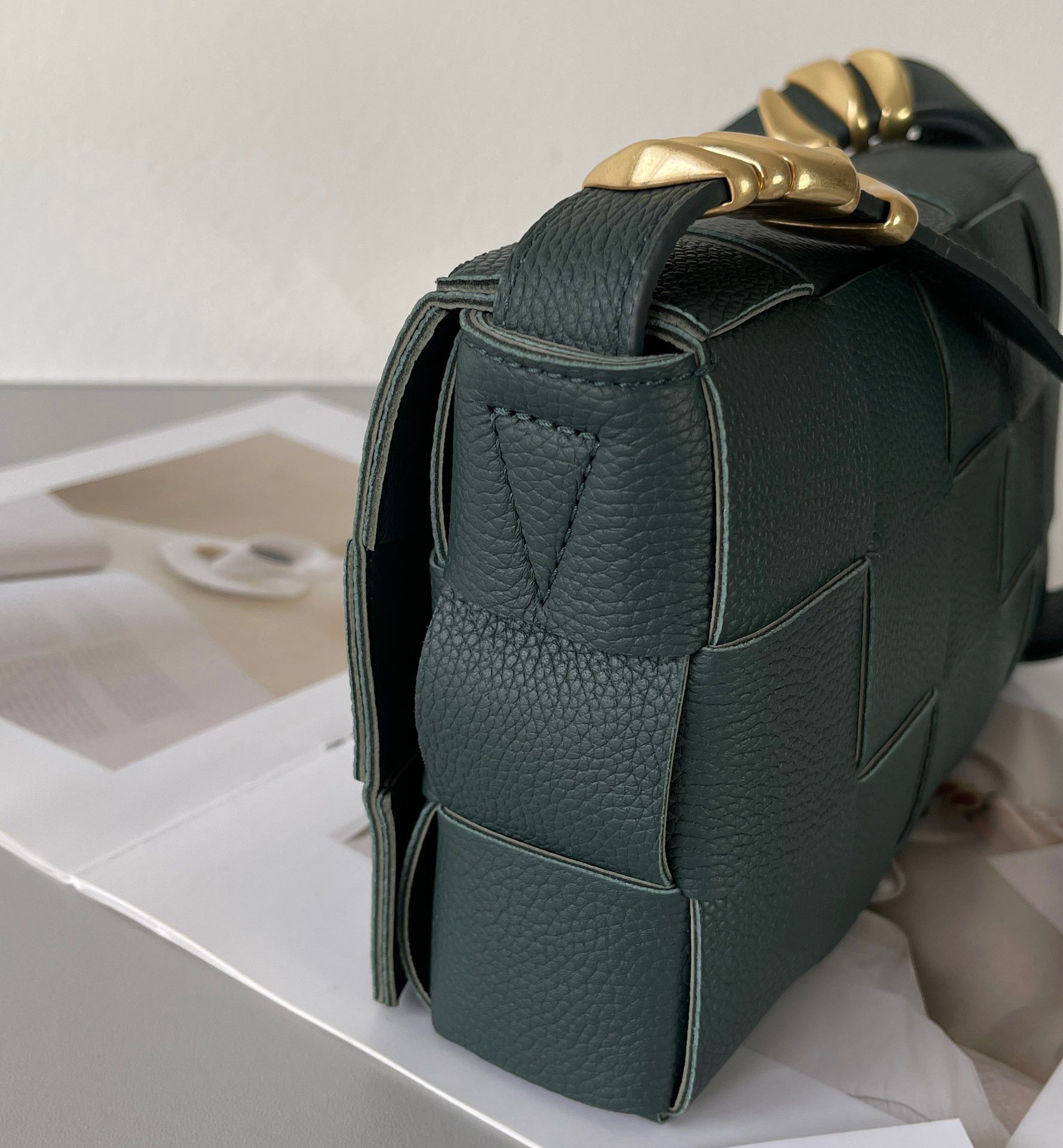 Bottega Veneta Cassette Bag In Raintree Grained Intreccio Calfskin