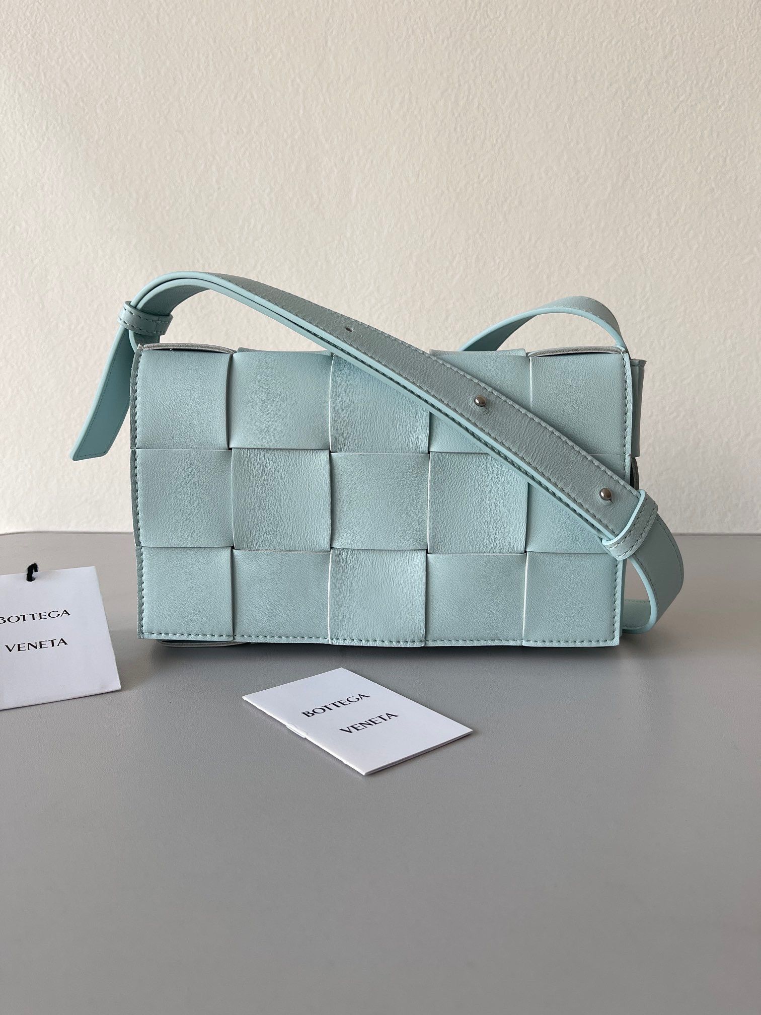 Bottega Veneta Cassett Bag In Teal Washed Intreccio Lambskin