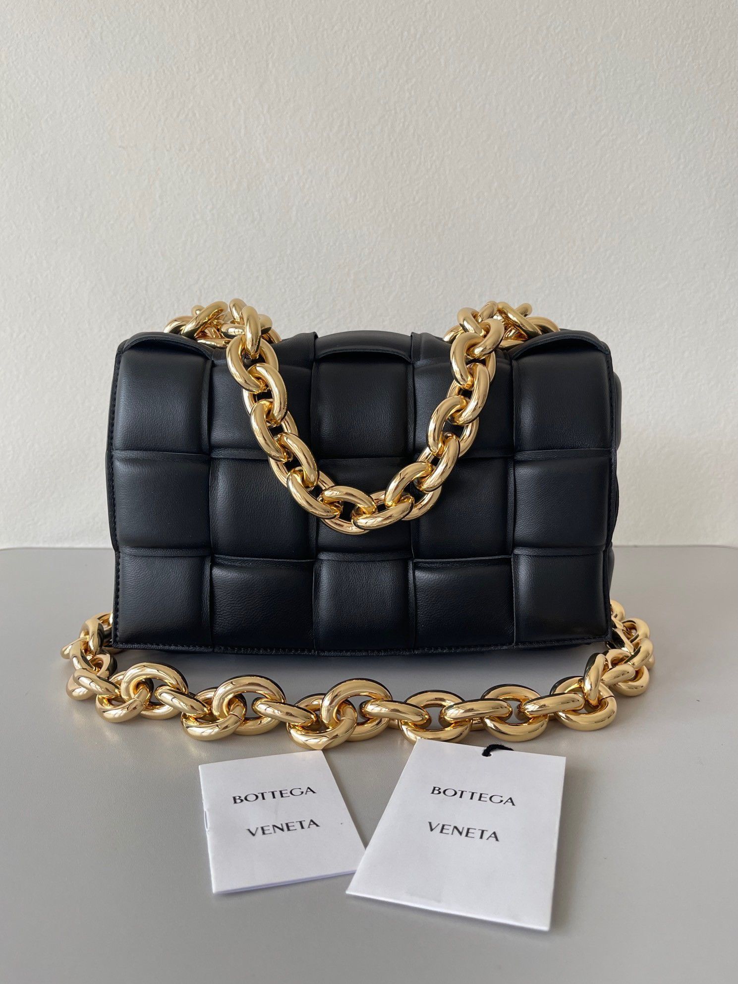 Bottega Veneta Chain Cassette Bag In Black Intrecciato Lambskin