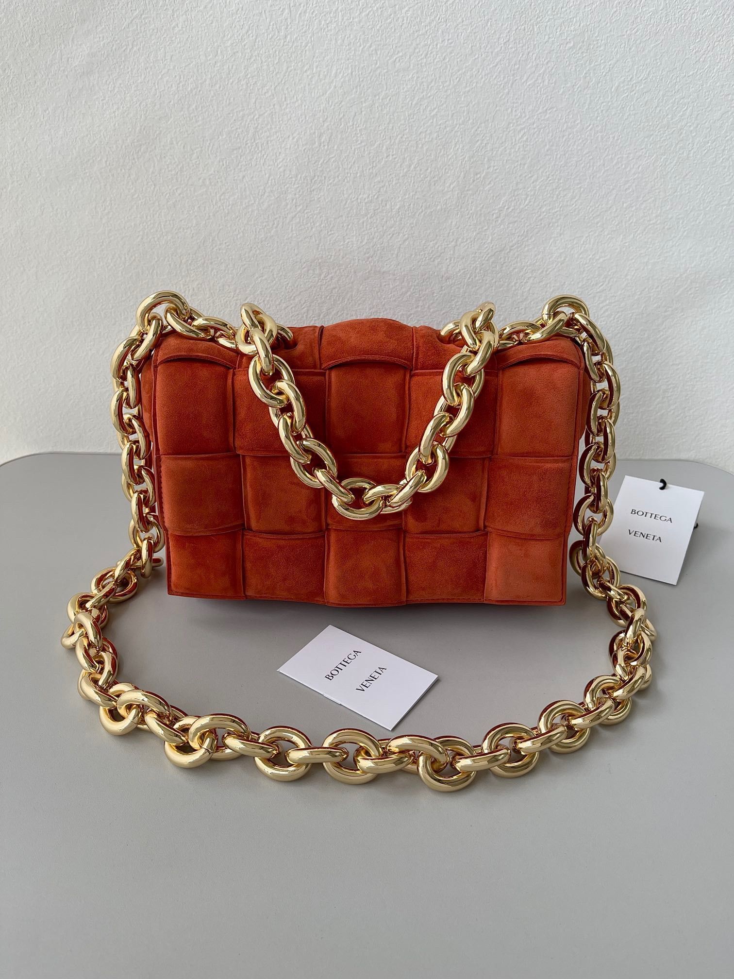 Bottega Veneta Chain Cassette Bag In Maple Intrecciato Suede Calfskin