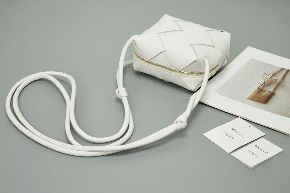 Bottega Veneta Mini Cassette Camera Bag In White Lambskin