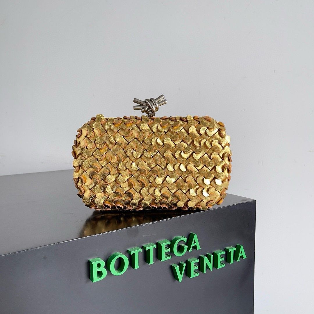 Bottega Veneta Knot Minaudiere Clutch in Gold Sequins Laminated Leather