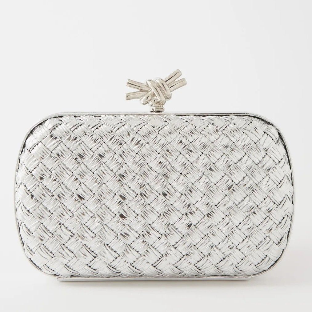 Bottega Veneta Knot Minaudiere Clutch In Silver Intreccio laminated Leather