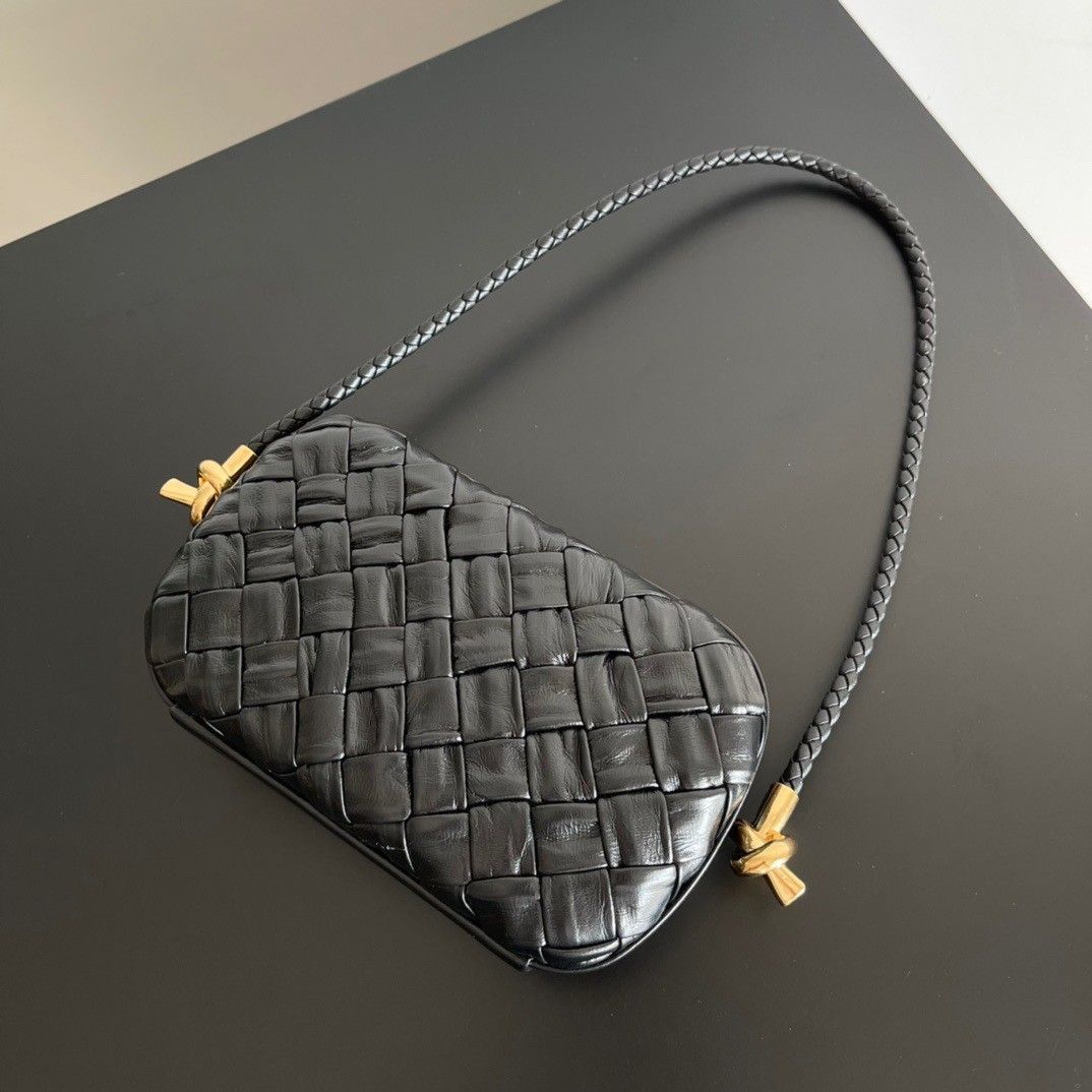 Bottega Veneta Knot Minaudiere On Strap In Black Foulard Intreccio Leather