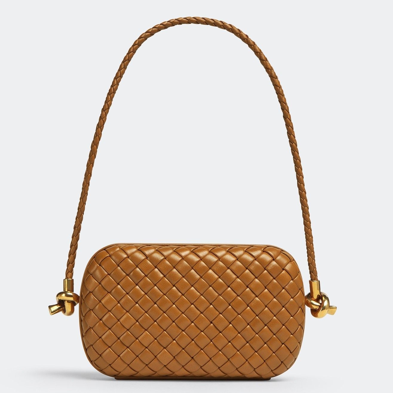 Bottega Veneta Knot Minaudiere On Strap In Camel Intreccio Lambskin