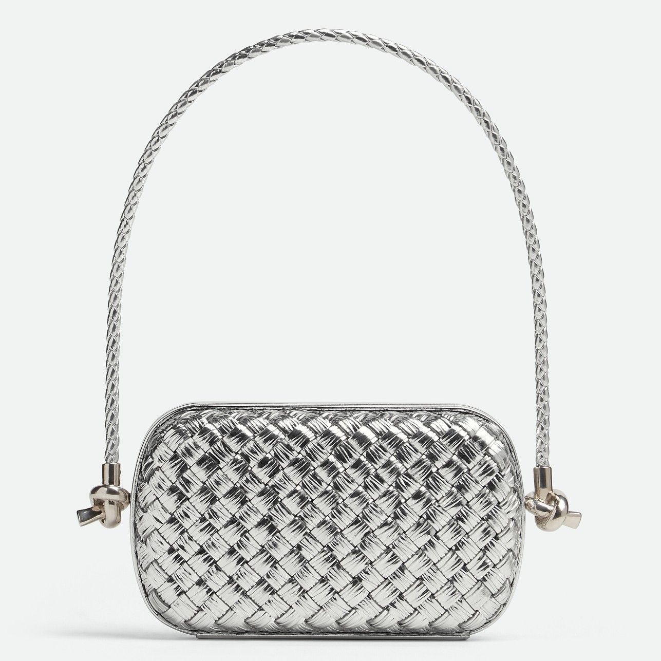 Bottega Veneta Knot Minaudiere On Strap In Silver Intreccio Laminated Leather