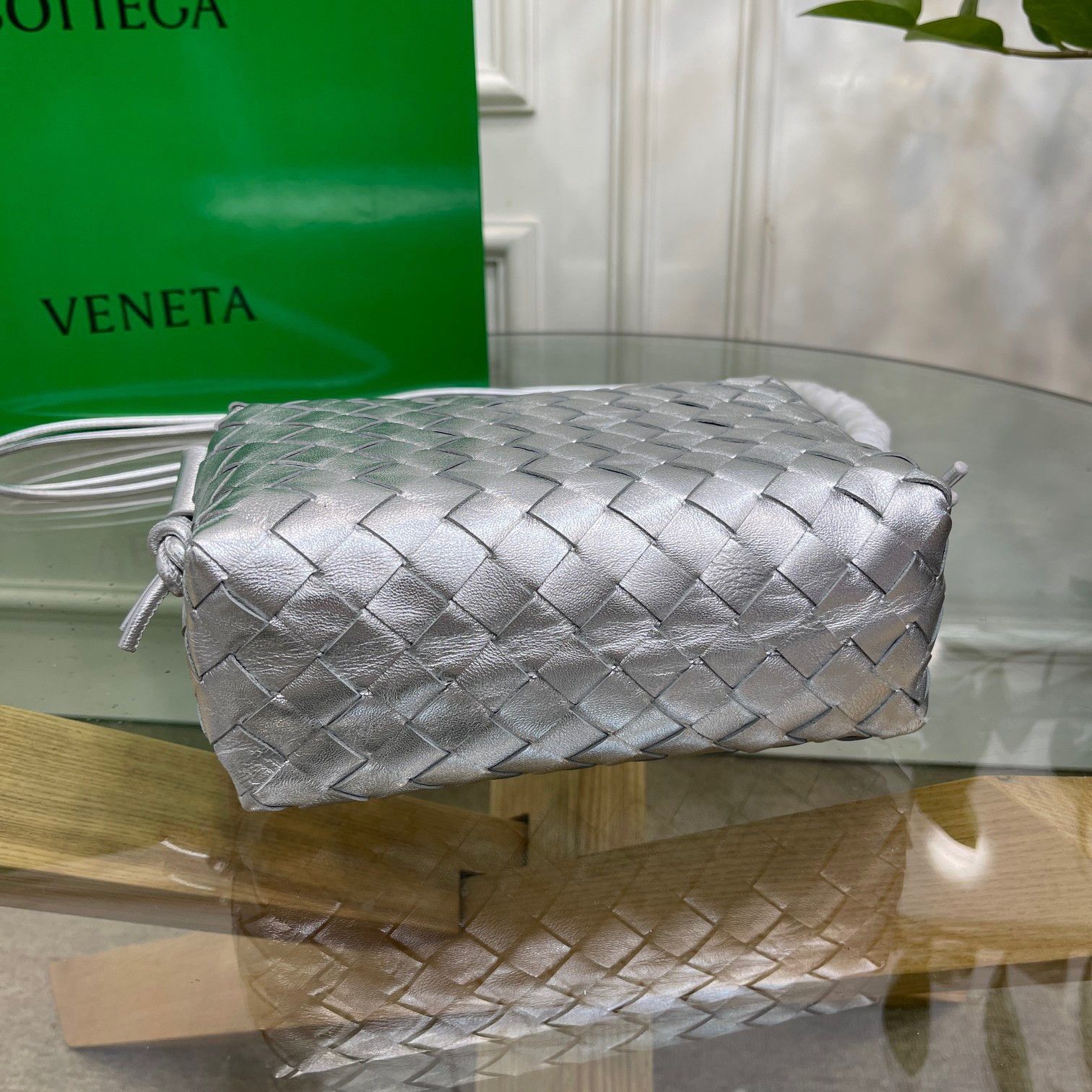 Bottega Veneta Loop Small Bag In Silver Intrecciato Lambskin