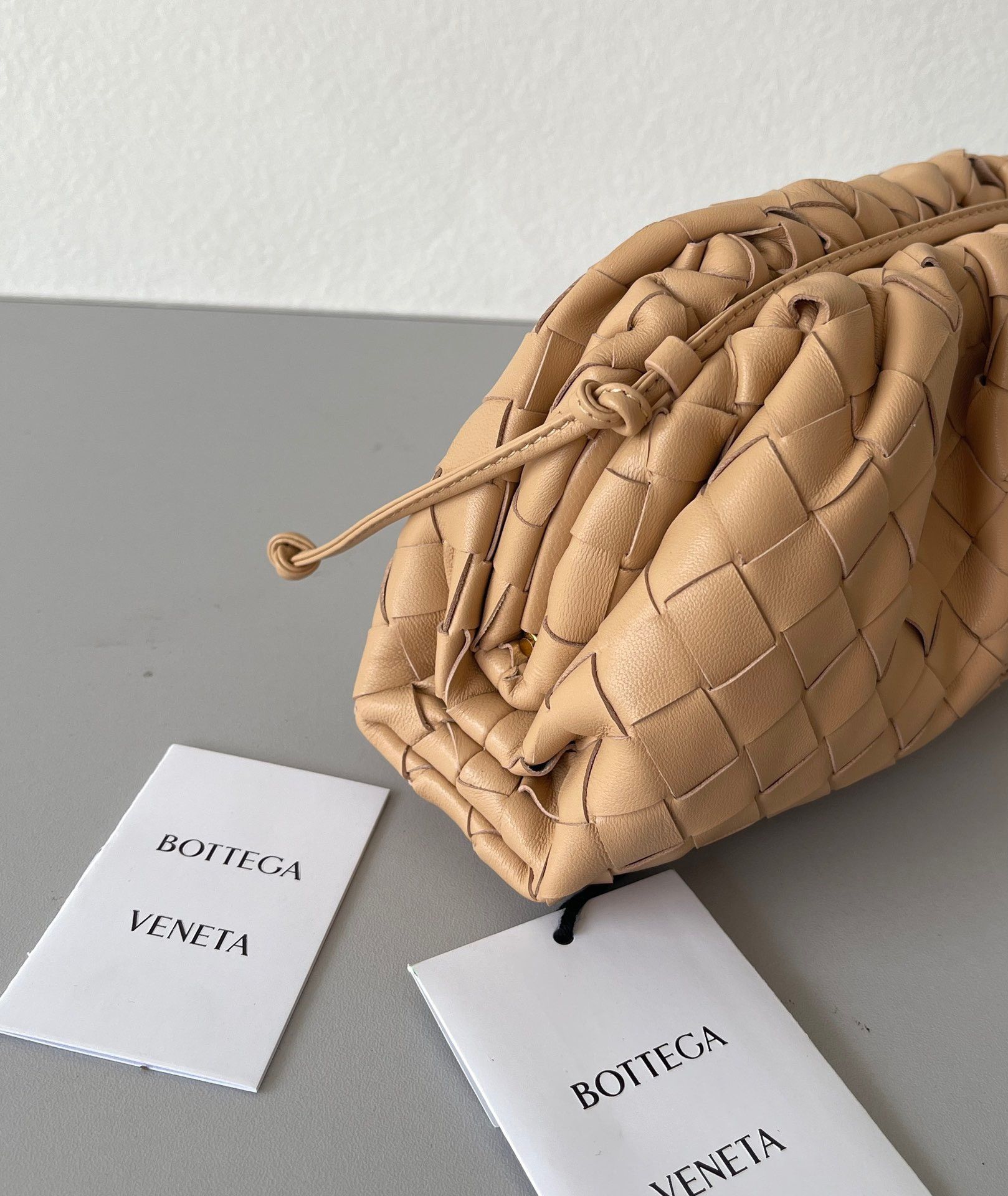 Bottega Veneta Mini Pouch with Strap in Almond Intrecciato Lambskin