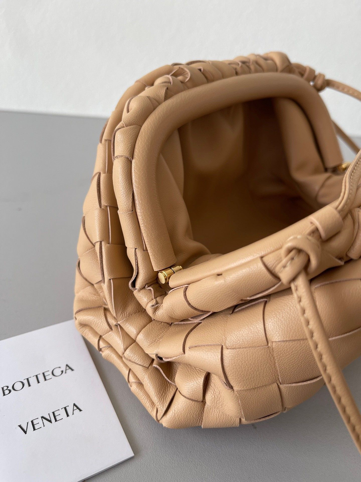 Bottega Veneta Mini Pouch with Strap in Almond Intrecciato Lambskin