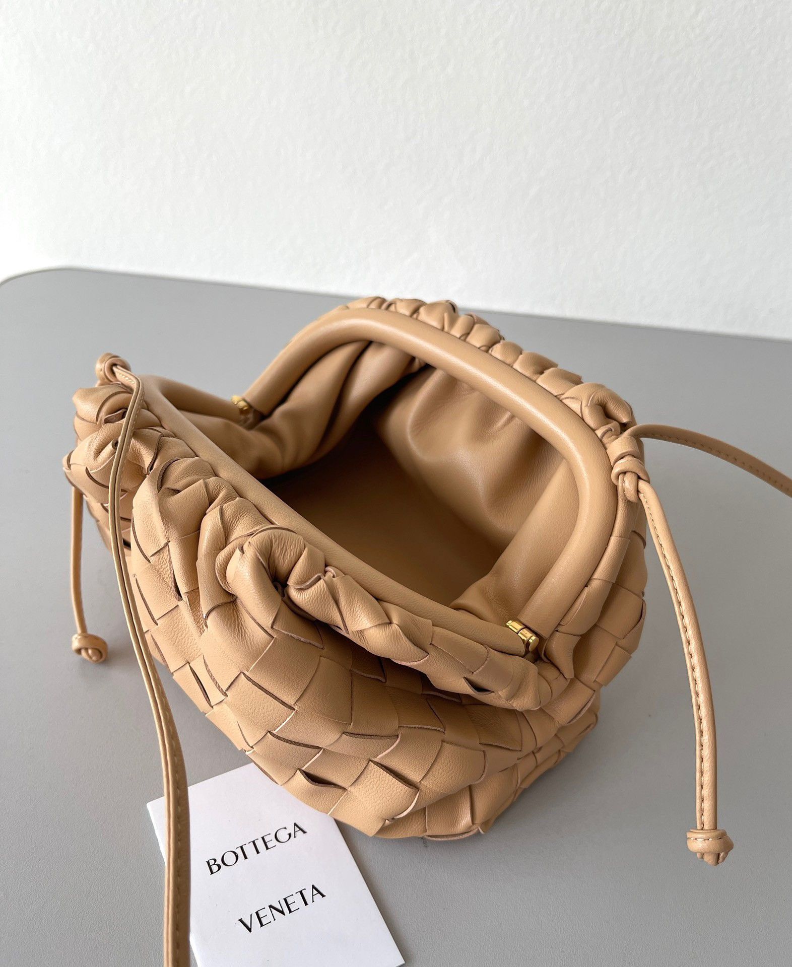 Bottega Veneta Mini Pouch with Strap in Almond Intrecciato Lambskin