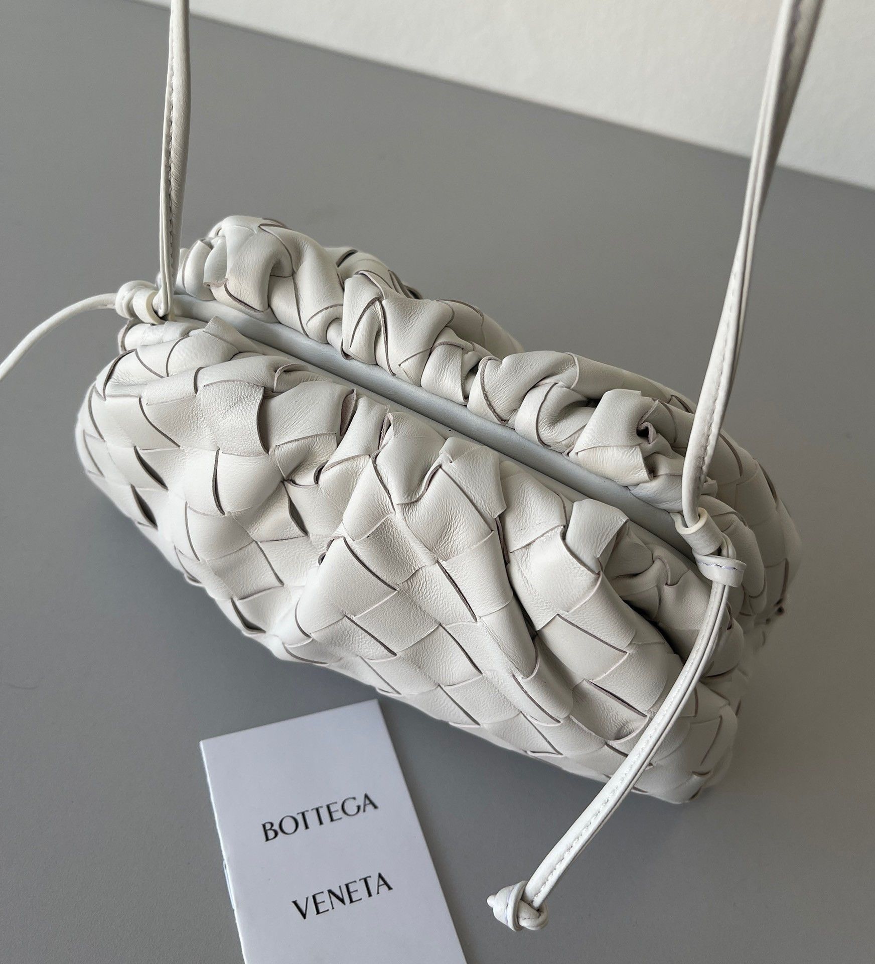 Bottega Veneta Mini Pouch with Strap in White Intrecciato Lambskin