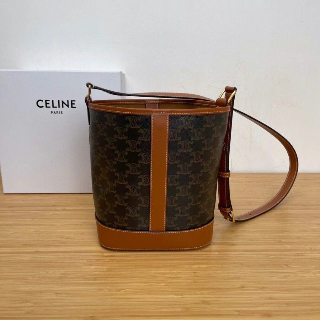 Celine Small Bucket Bag In Tan Triomphe Canvas