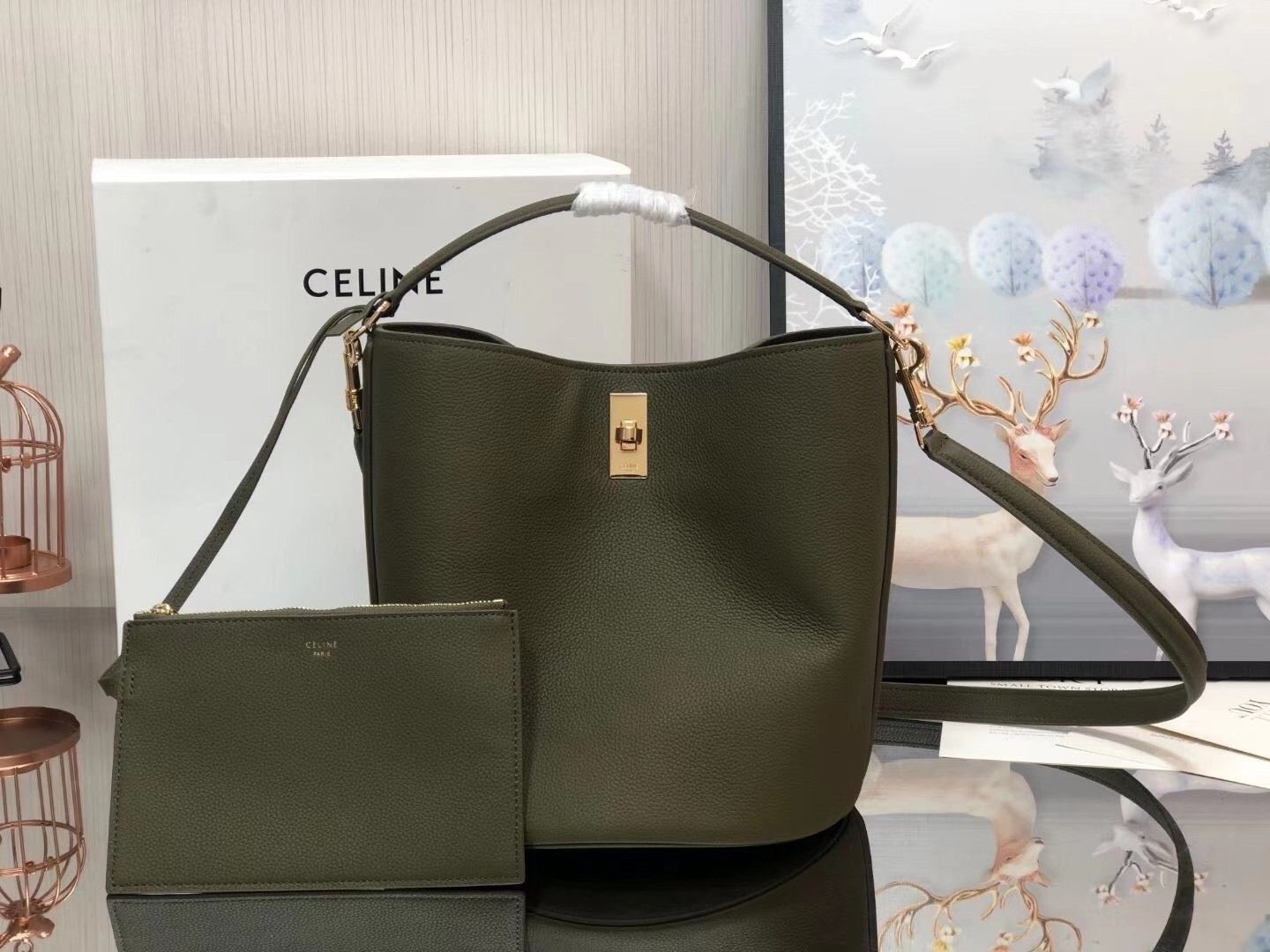 Celine Bucket 16 Bag In Dark Olive Grained Calfskin