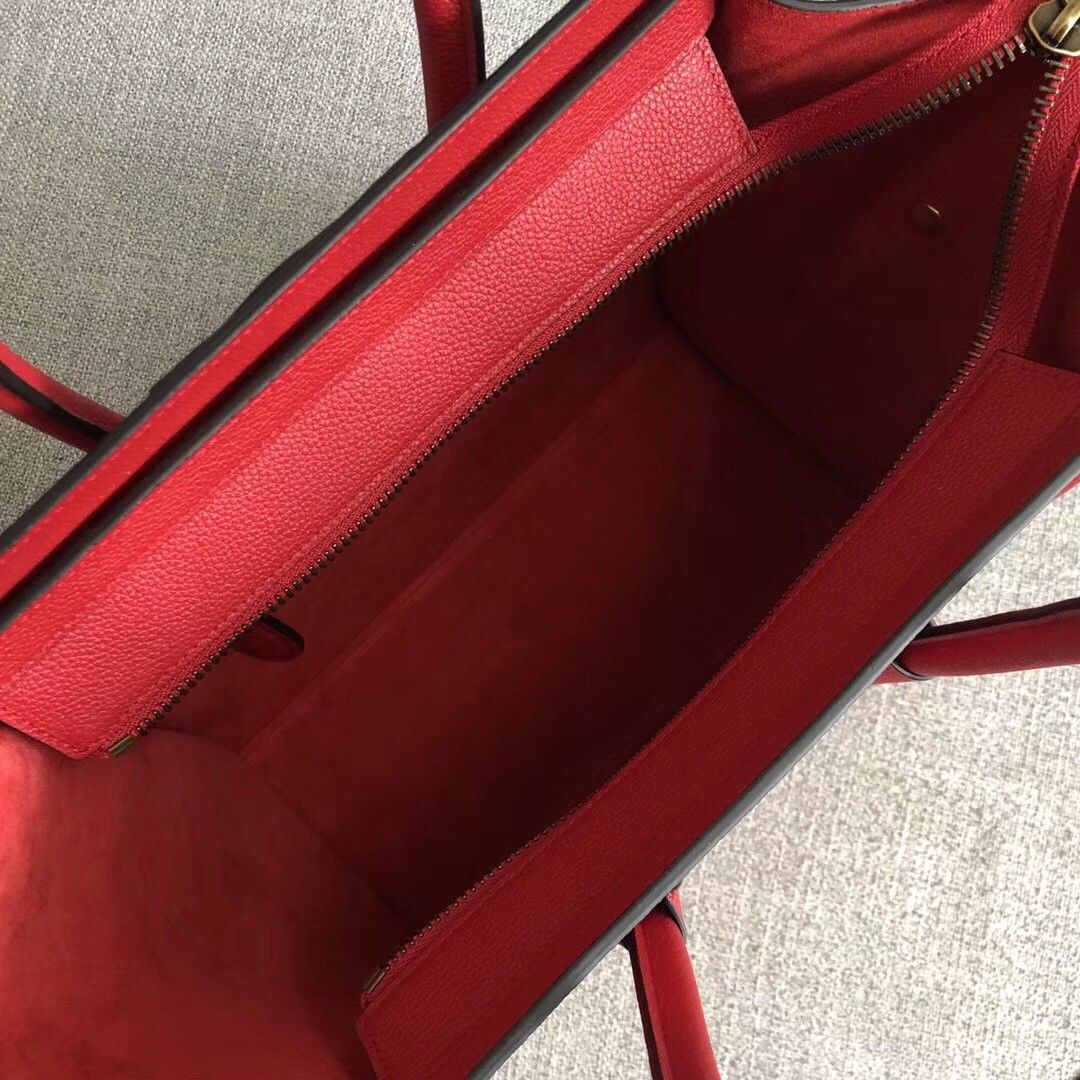 Celine Micro Luggage Tote Bag In Red Drummed Calfskin