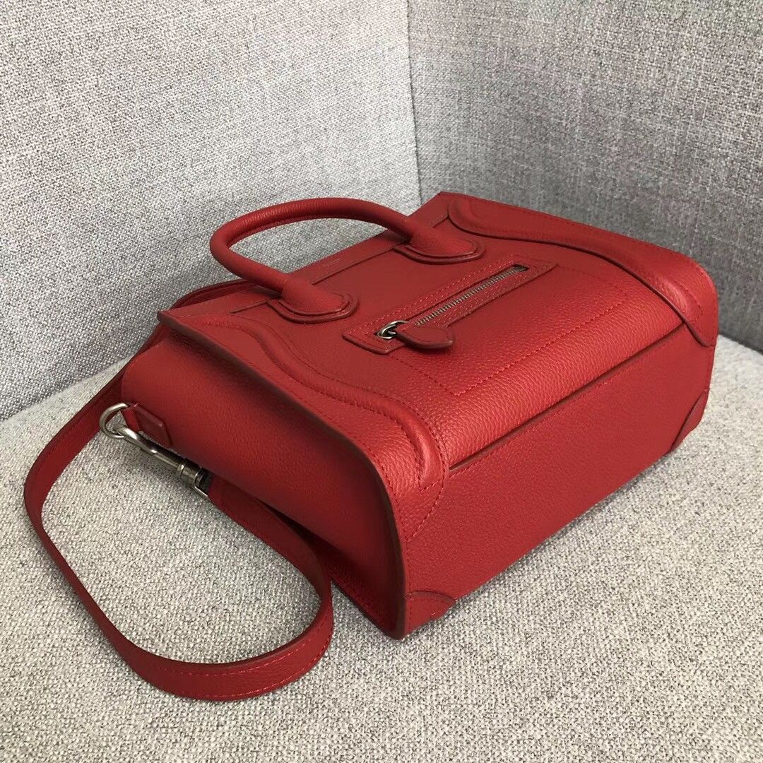 Celine Nano Luggage Tote Bag In Red Drummed Calfskin