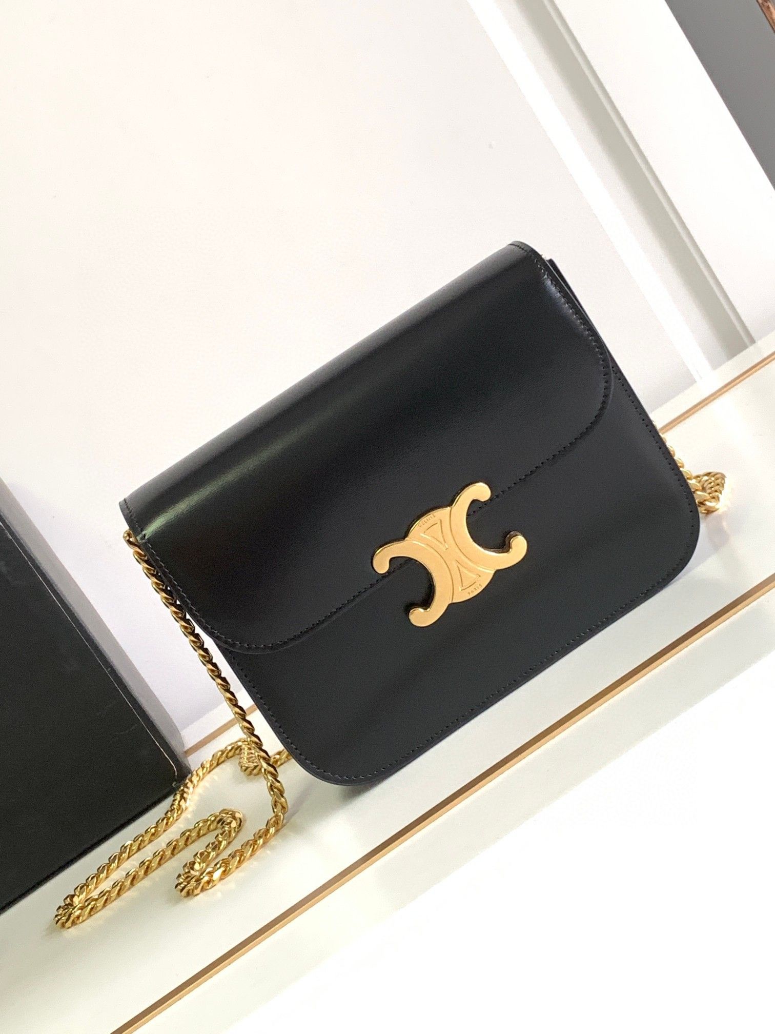 Celine College Triomphe Chain Bag in Black Leather