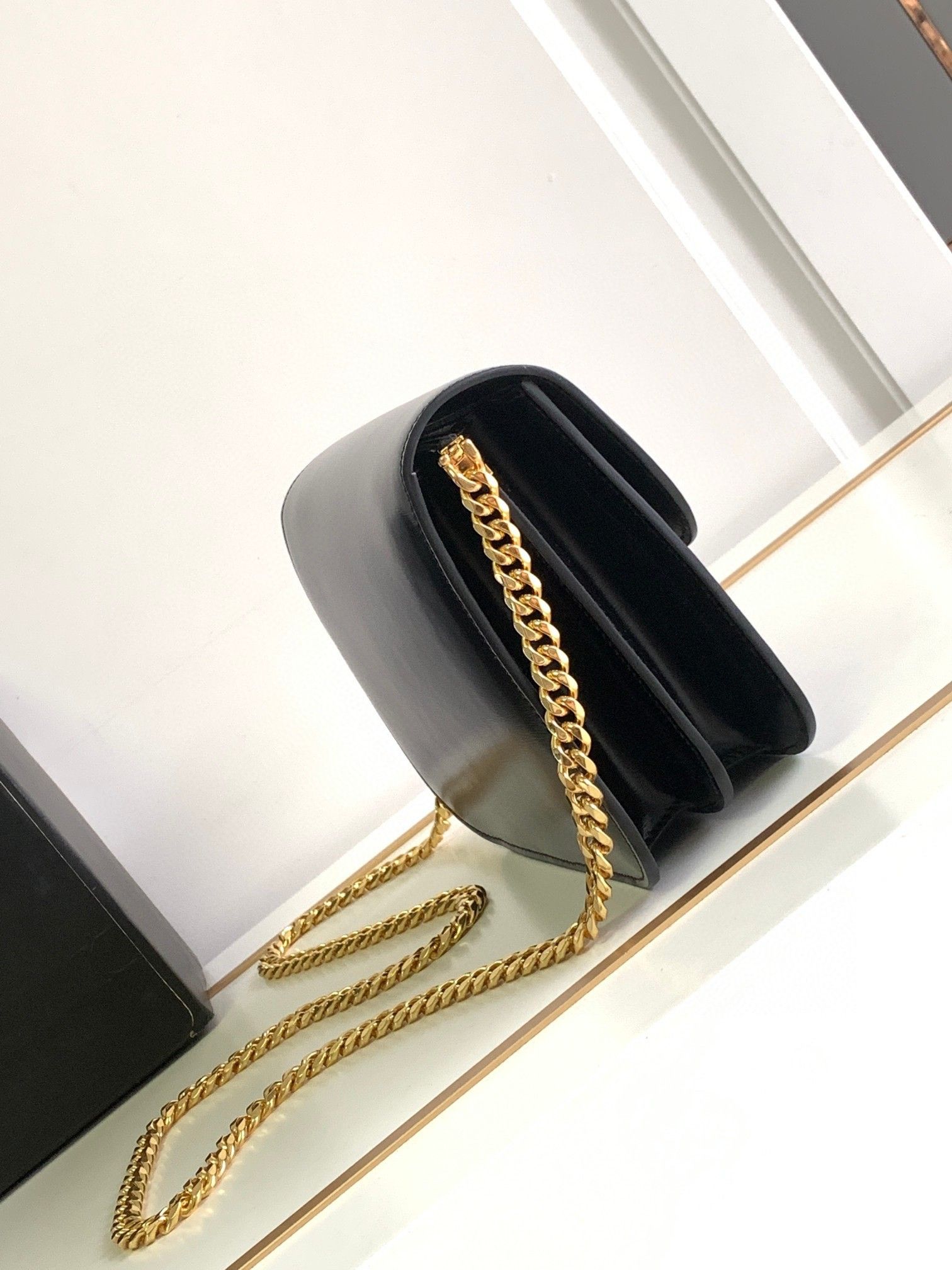 Celine College Triomphe Chain Bag in Black Leather