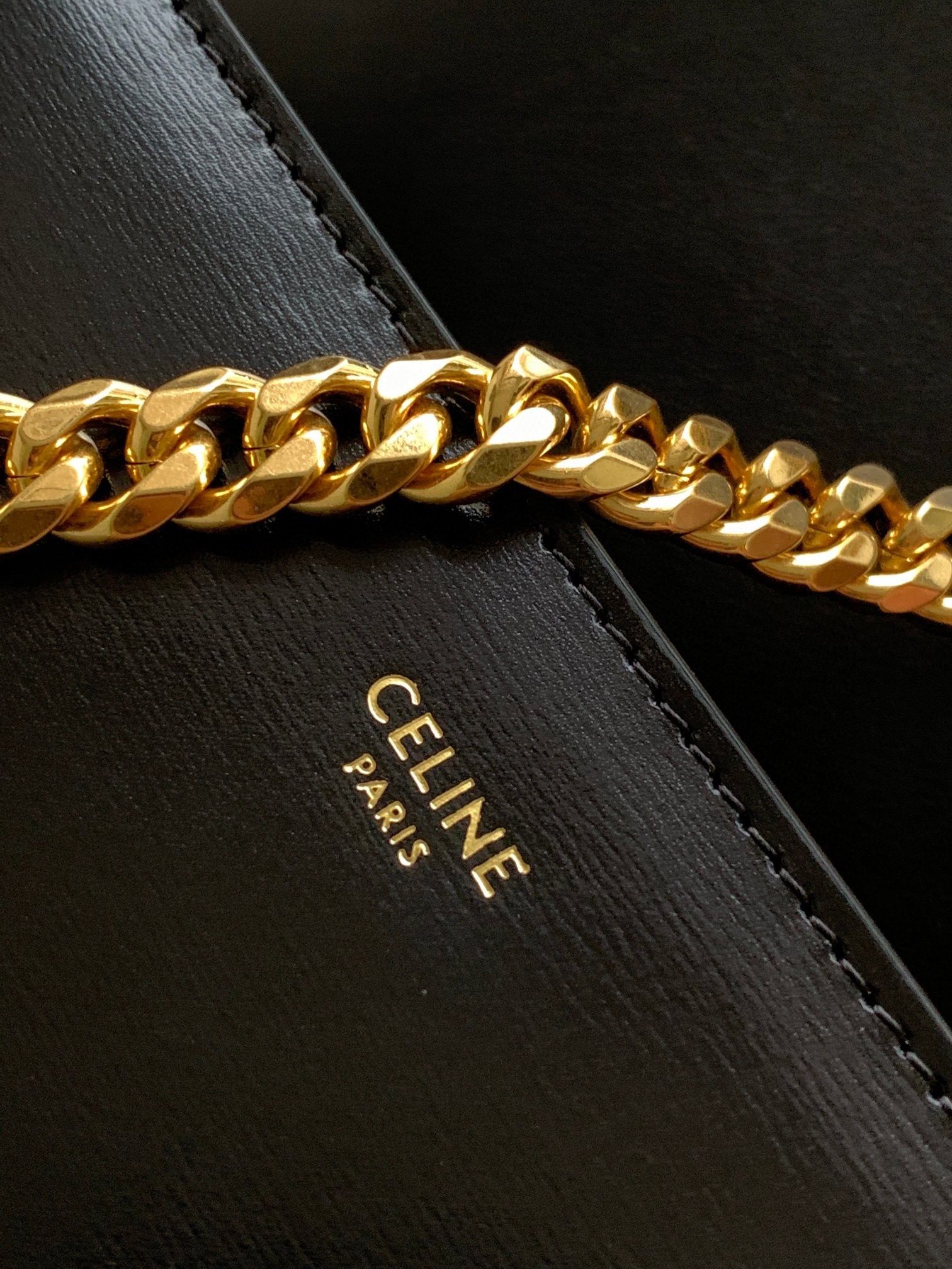 Celine College Triomphe Chain Bag in Black Leather