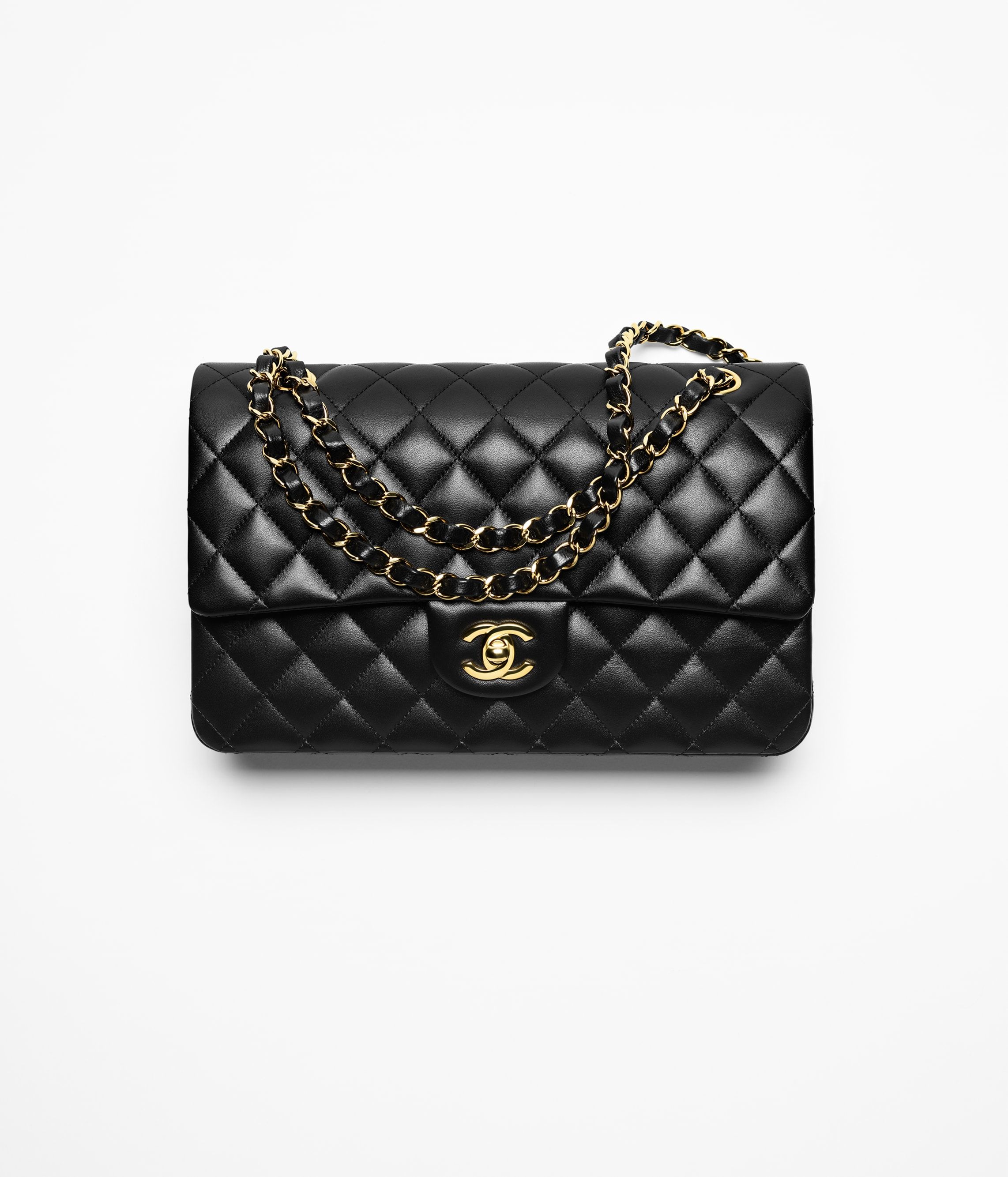 CHANEL Classic Handbag Black Lambskin Gold Tone Metal