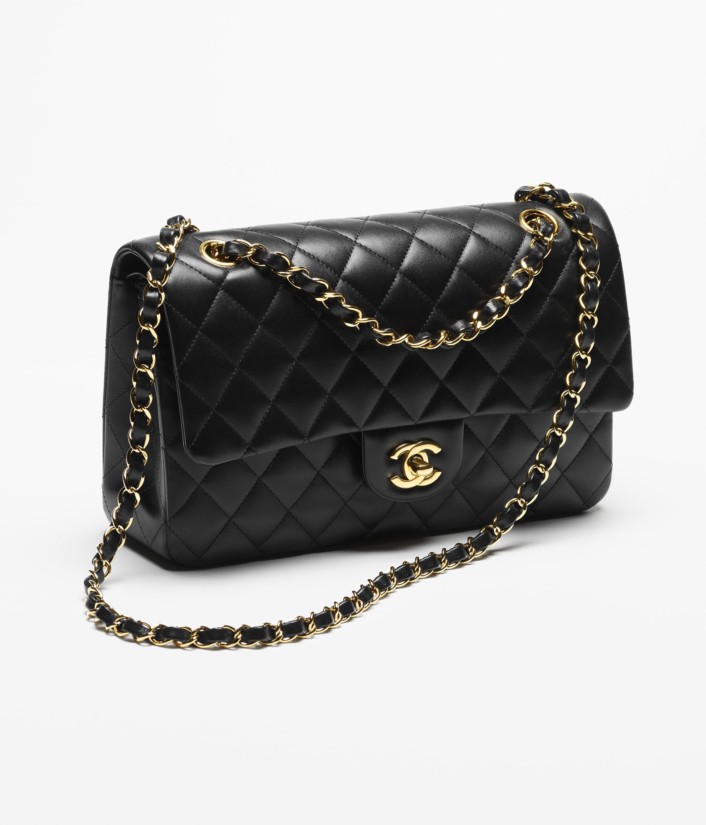 CHANEL Classic Handbag Black Lambskin Gold Tone Metal