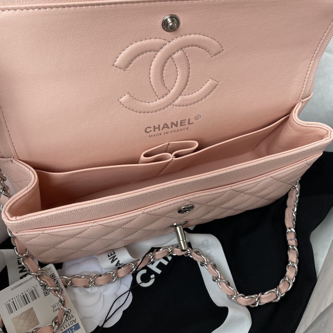 CHANEL Small Classic Handbag Coral Pink Grained Shiny Calfskin Gold Tone Metal