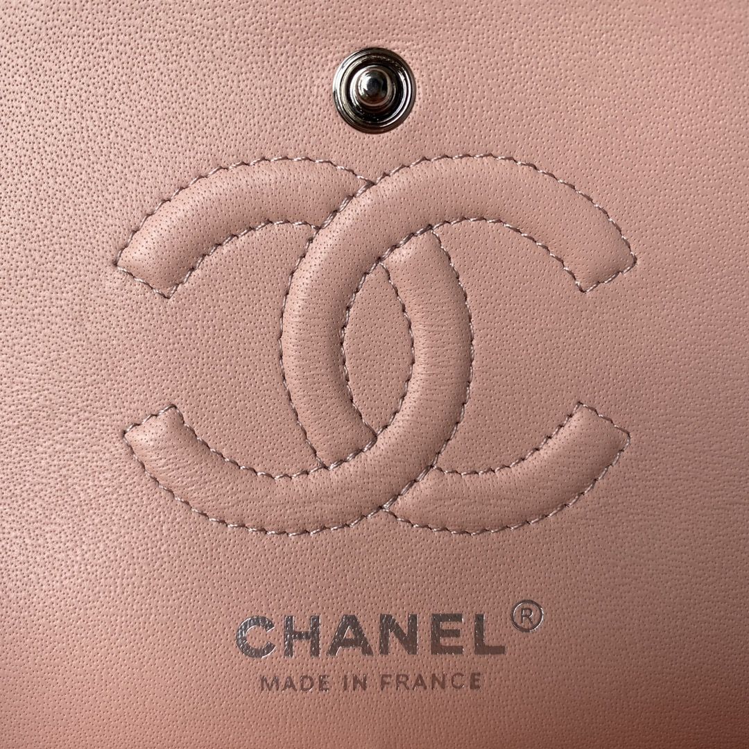 CHANEL Small Classic Handbag Coral Pink Grained Shiny Calfskin Gold Tone Metal