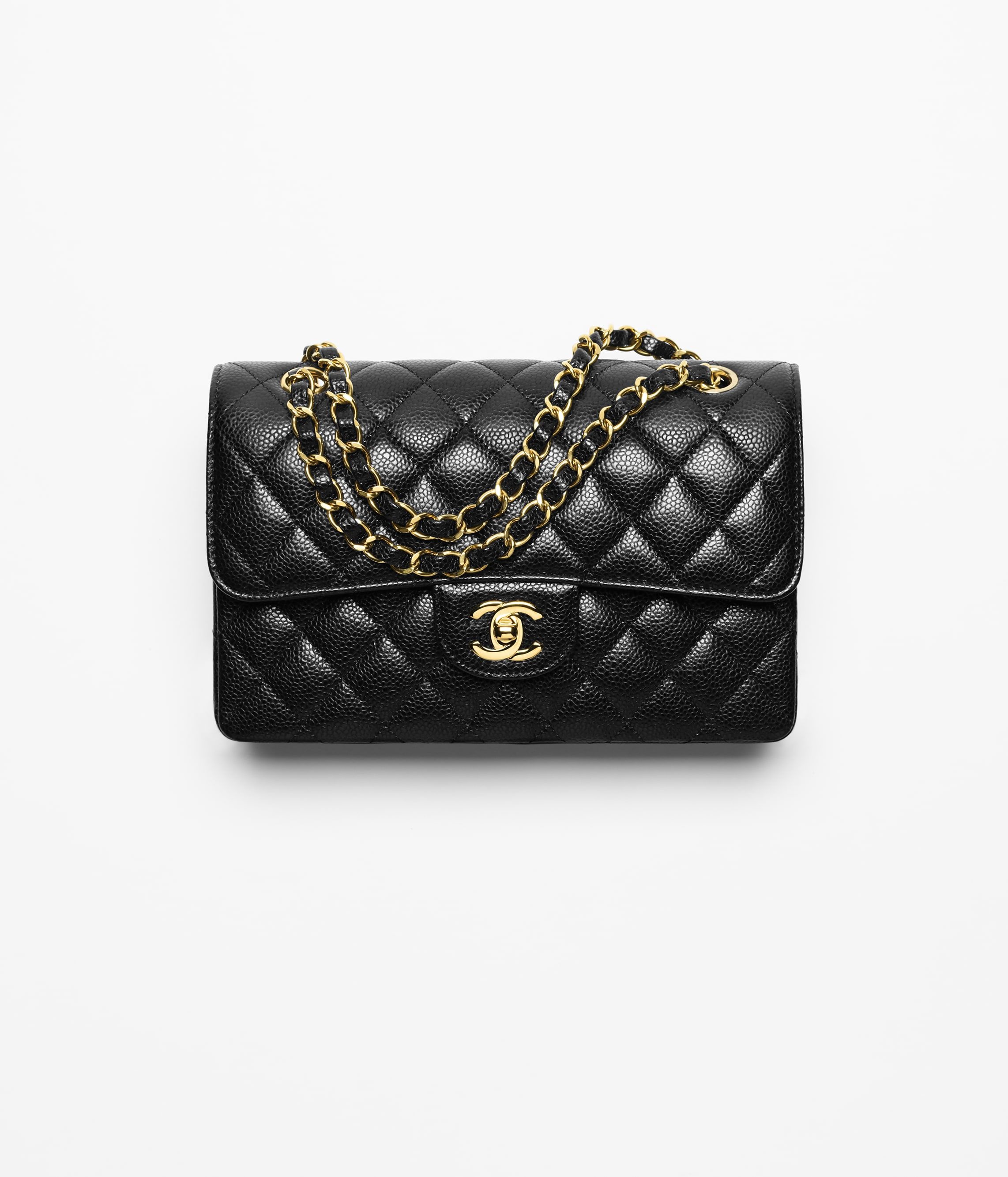 CHANEL Small Classic Handbag Black Grained Calfskin Gold Tone Metal