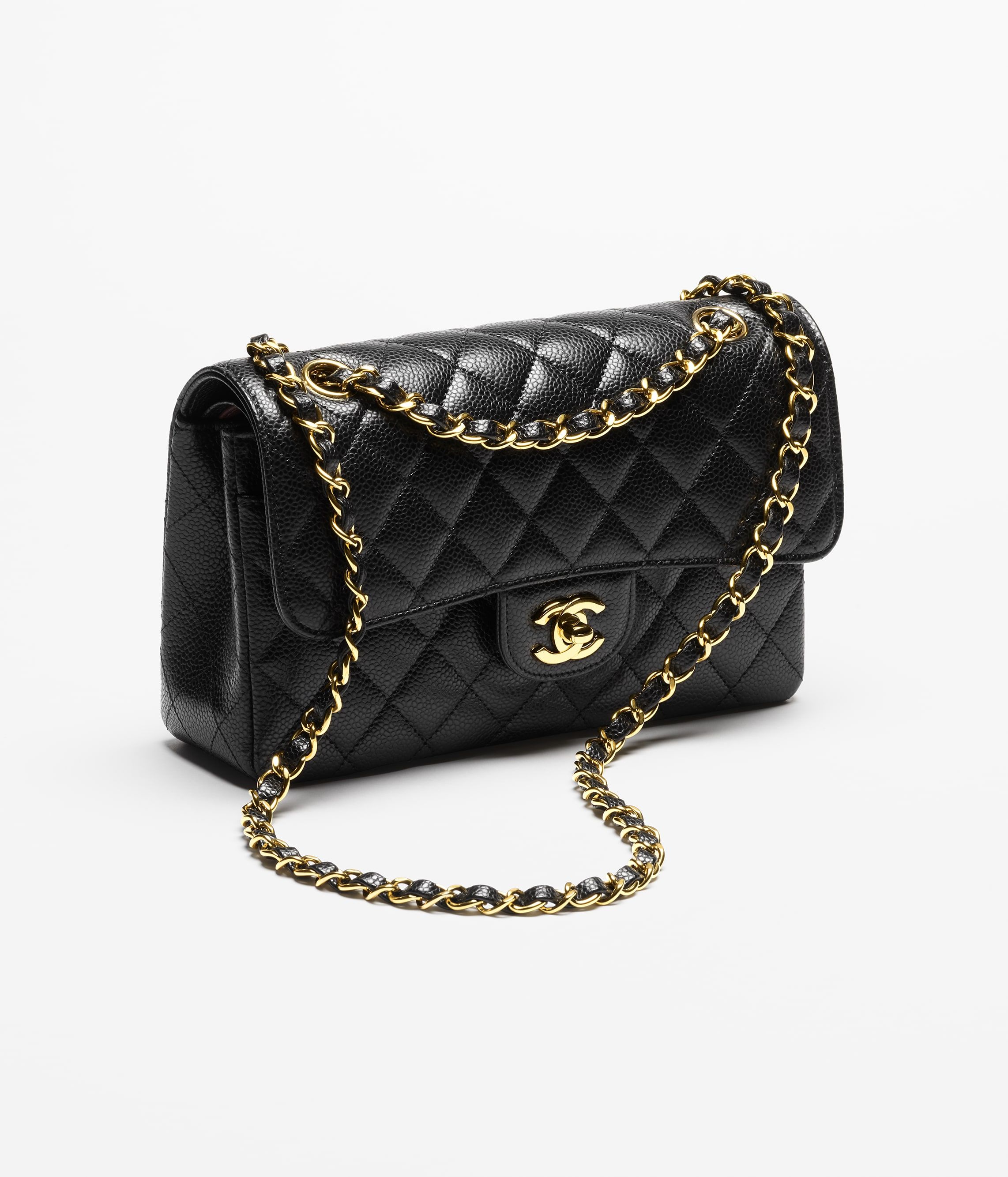 CHANEL Small Classic Handbag Black Grained Calfskin Gold Tone Metal