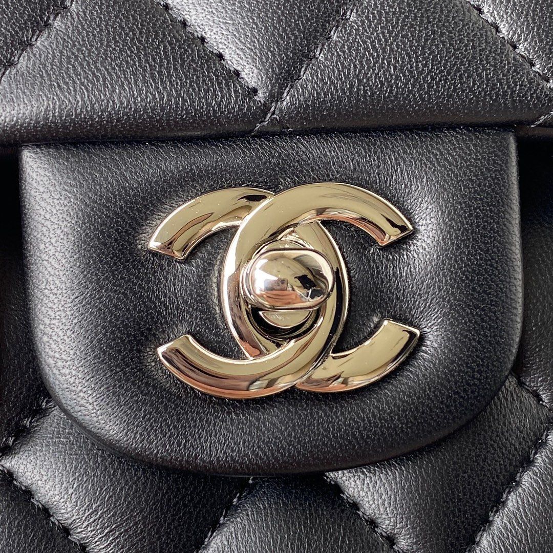 CHANEL Small Classic Handbag Black Grained Calfskin Gold Tone Metal