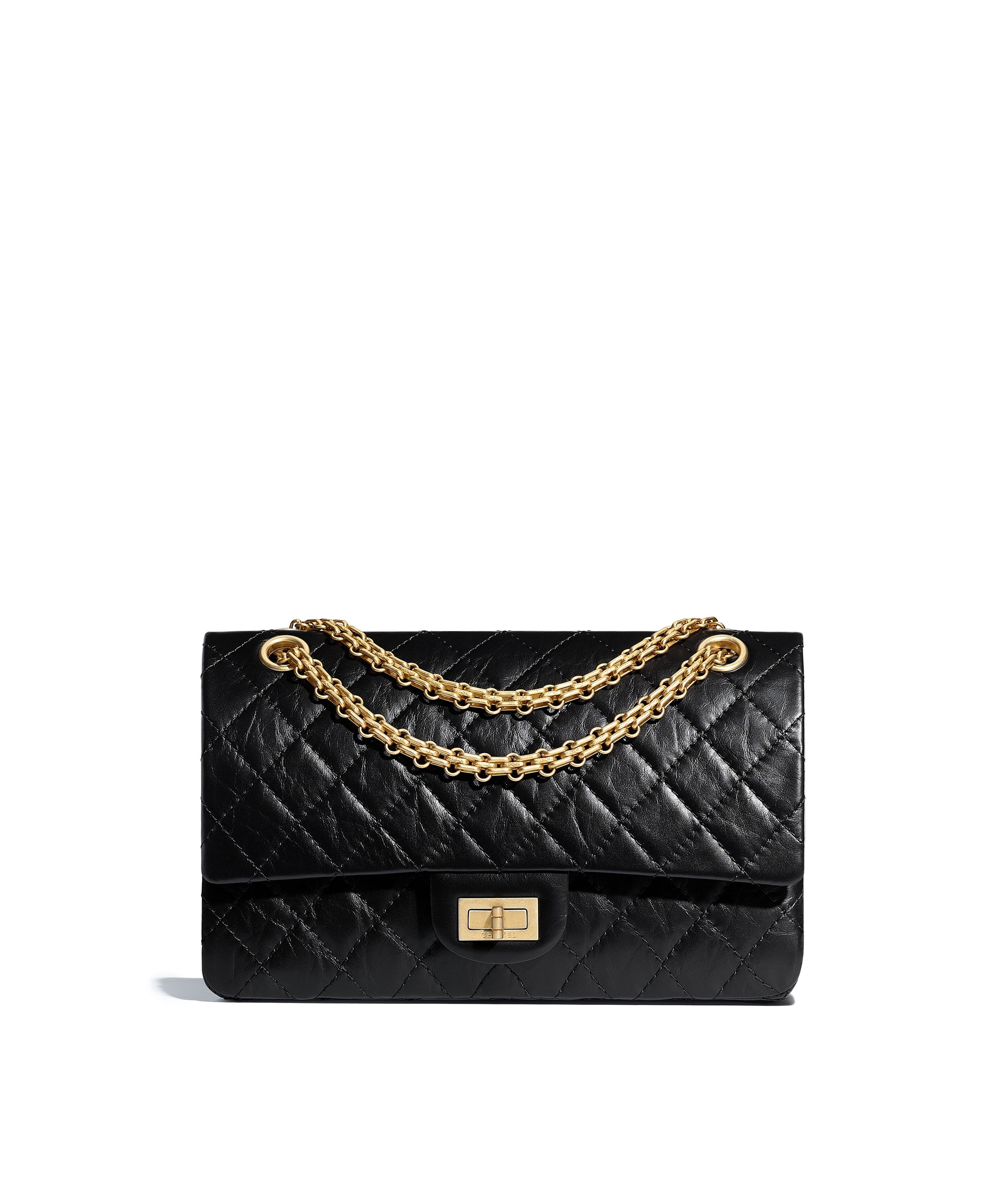 CHANEL 2.55 Handbag Black Aged Calfskin Gold Tone Metal