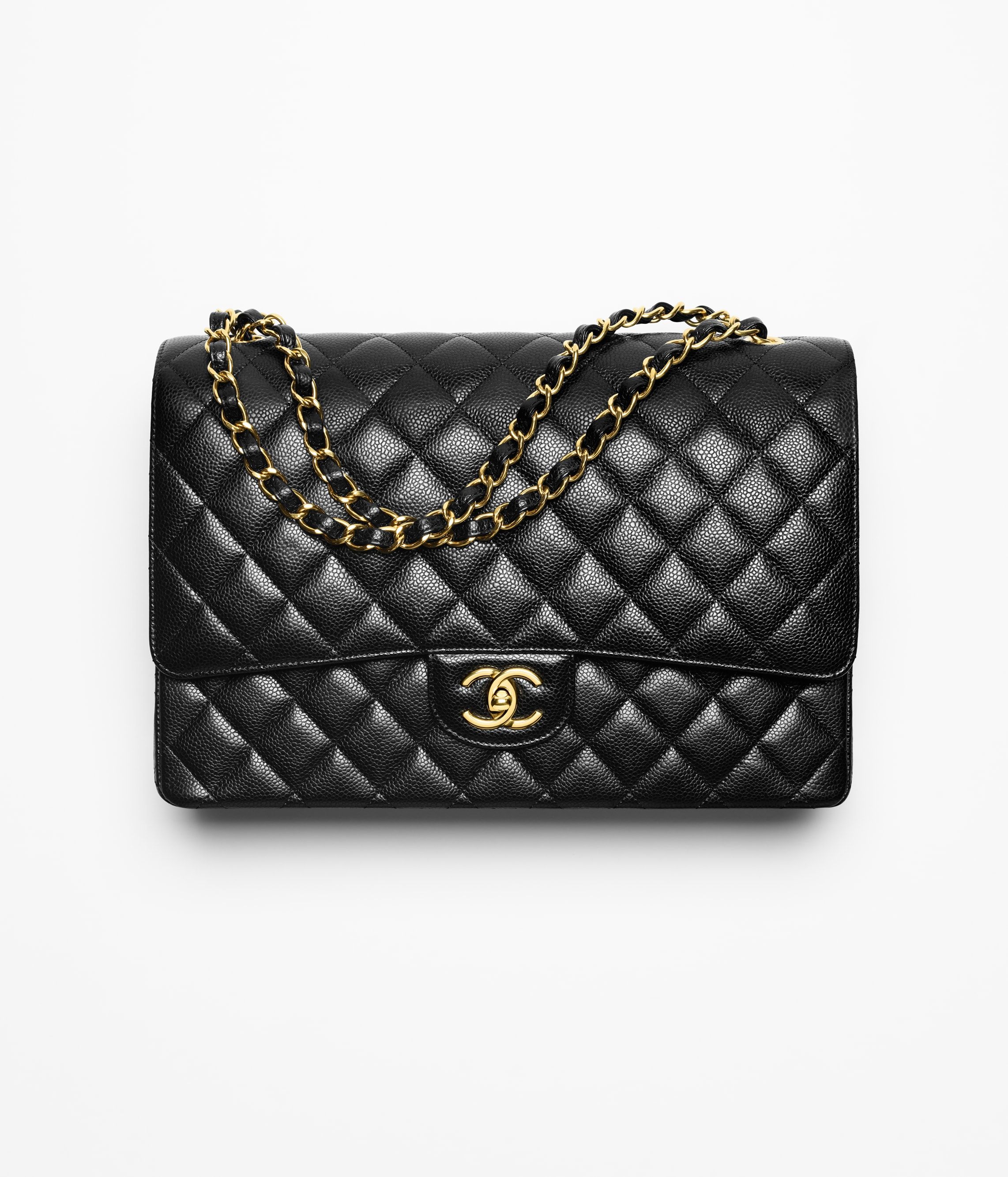 CHANEL Maxi Classic Handbag Black Grained Calfskin Gold Tone Metal