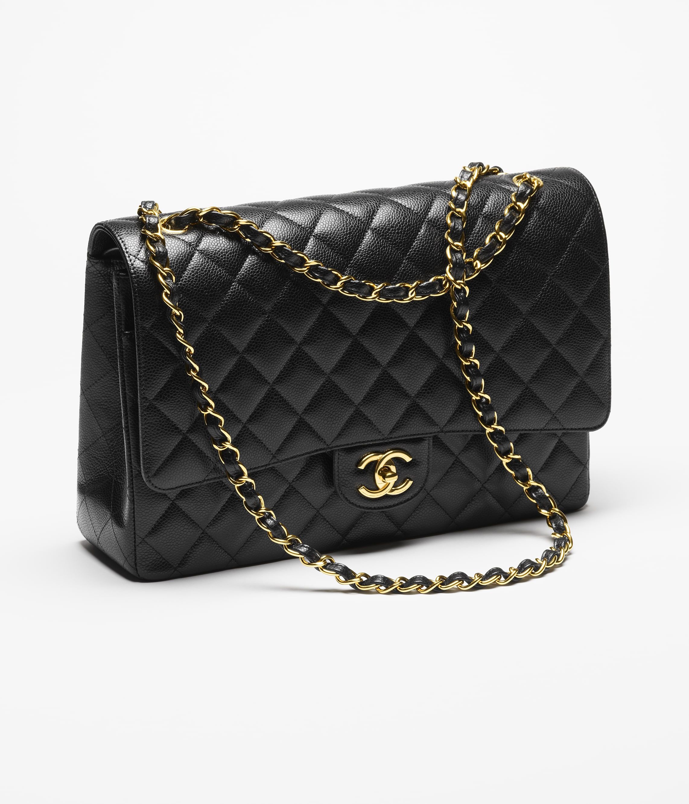 CHANEL Maxi Classic Handbag Black Grained Calfskin Gold Tone Metal