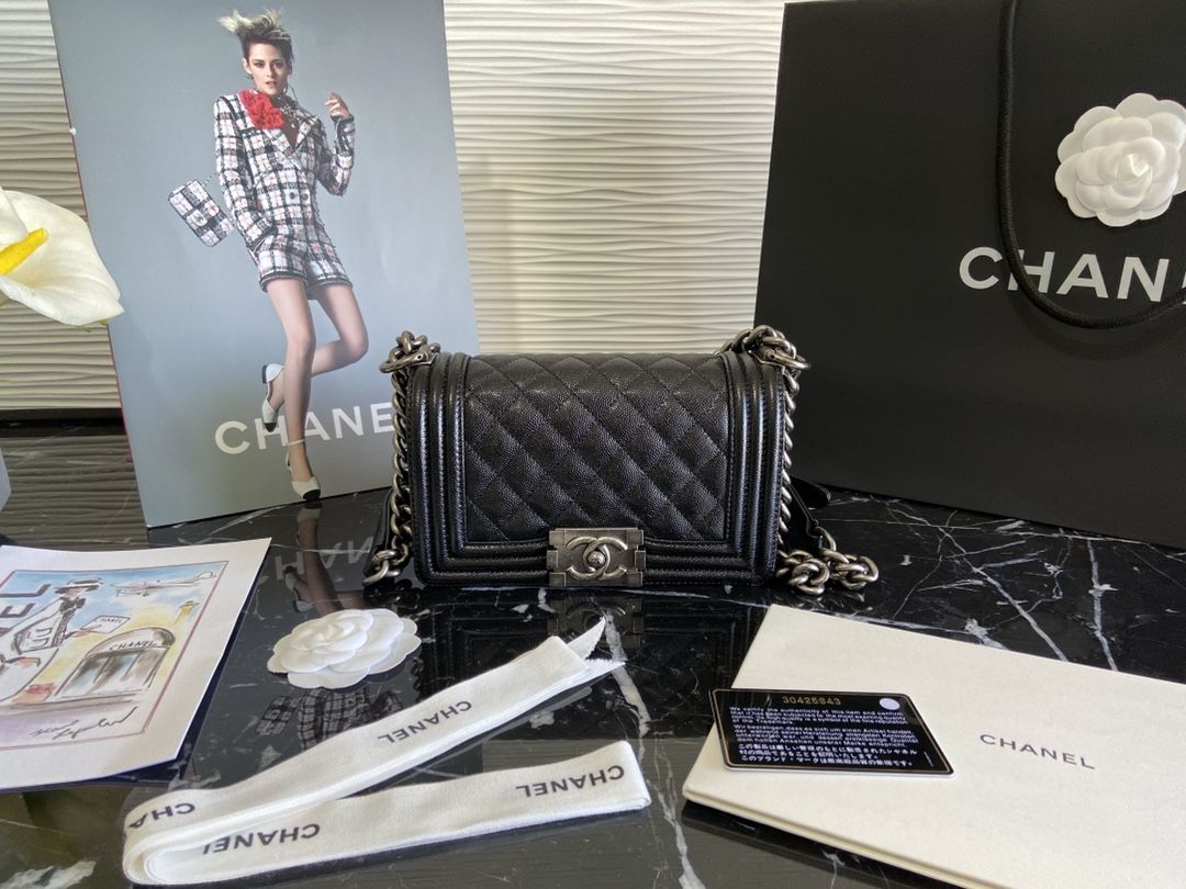 CHANEL Small BOY CHANEL Handbag Black Calfskin Ruthenium Finish Metal