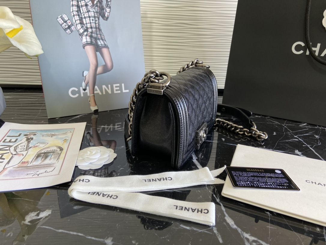 CHANEL Small BOY CHANEL Handbag Black Calfskin Ruthenium Finish Metal