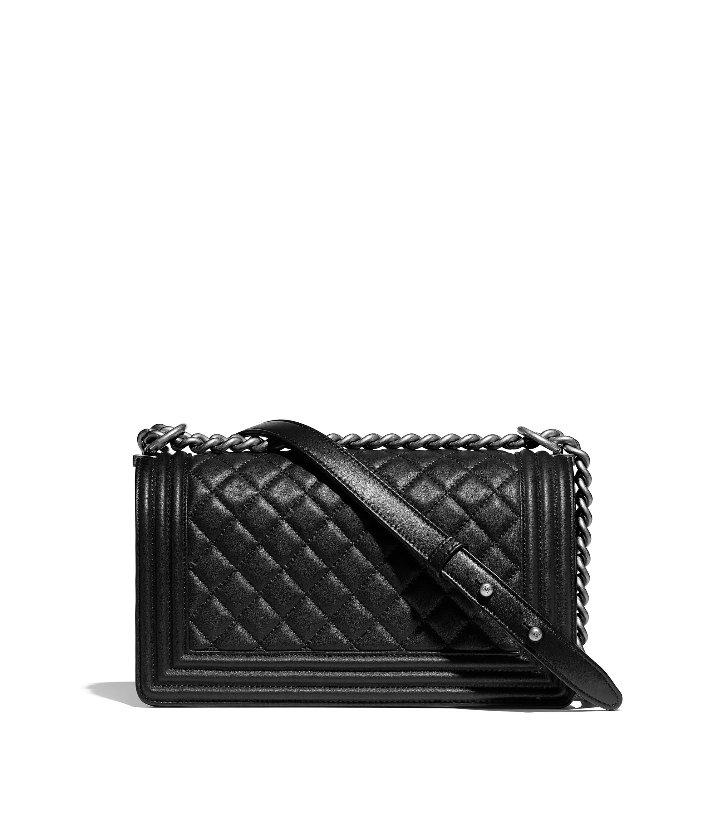 CHANEL BOY CHANEL Handbag Black Calfskin Ruthenium Finish Metal