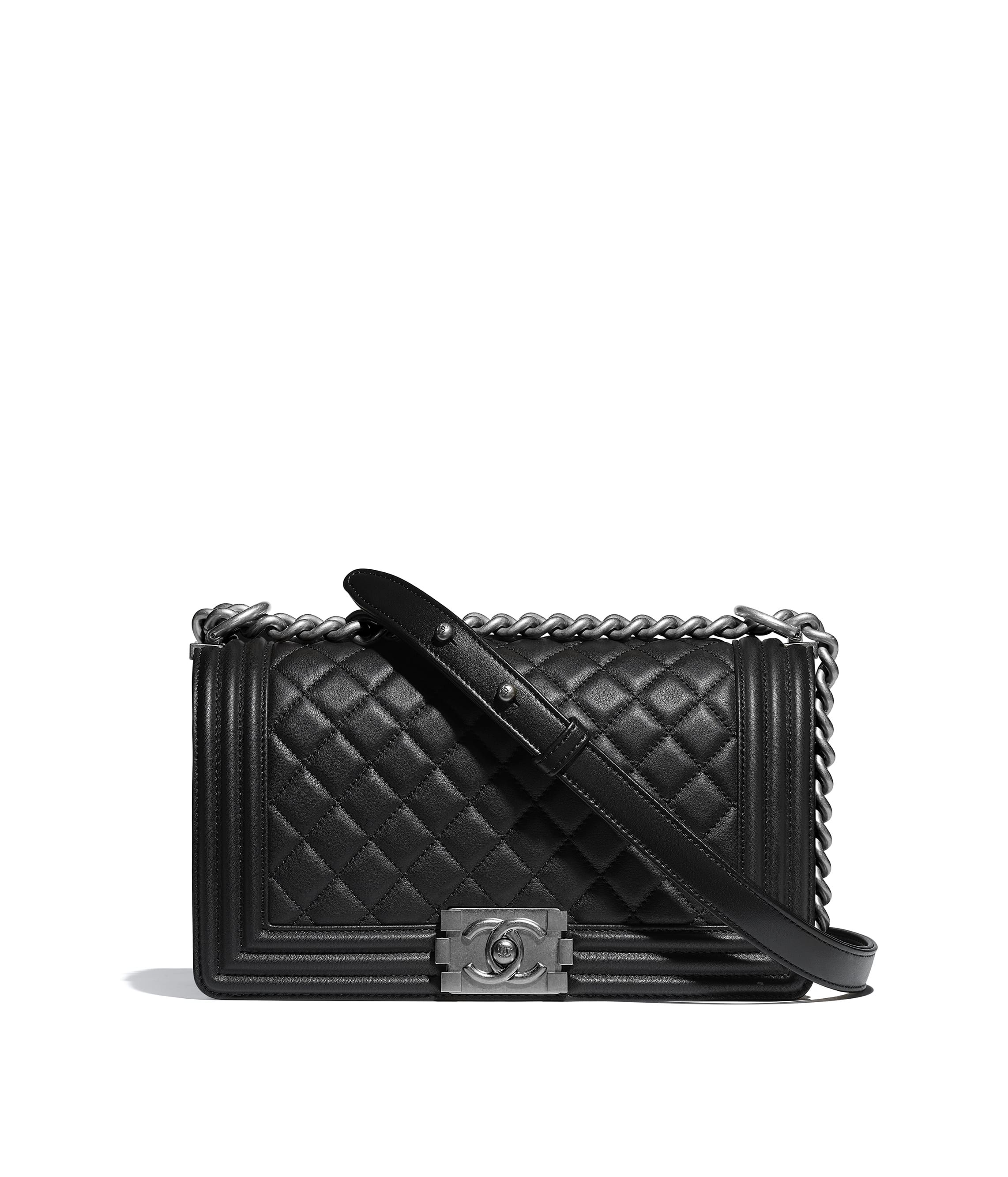 CHANEL BOY CHANEL Handbag Black Calfskin Ruthenium Finish Metal