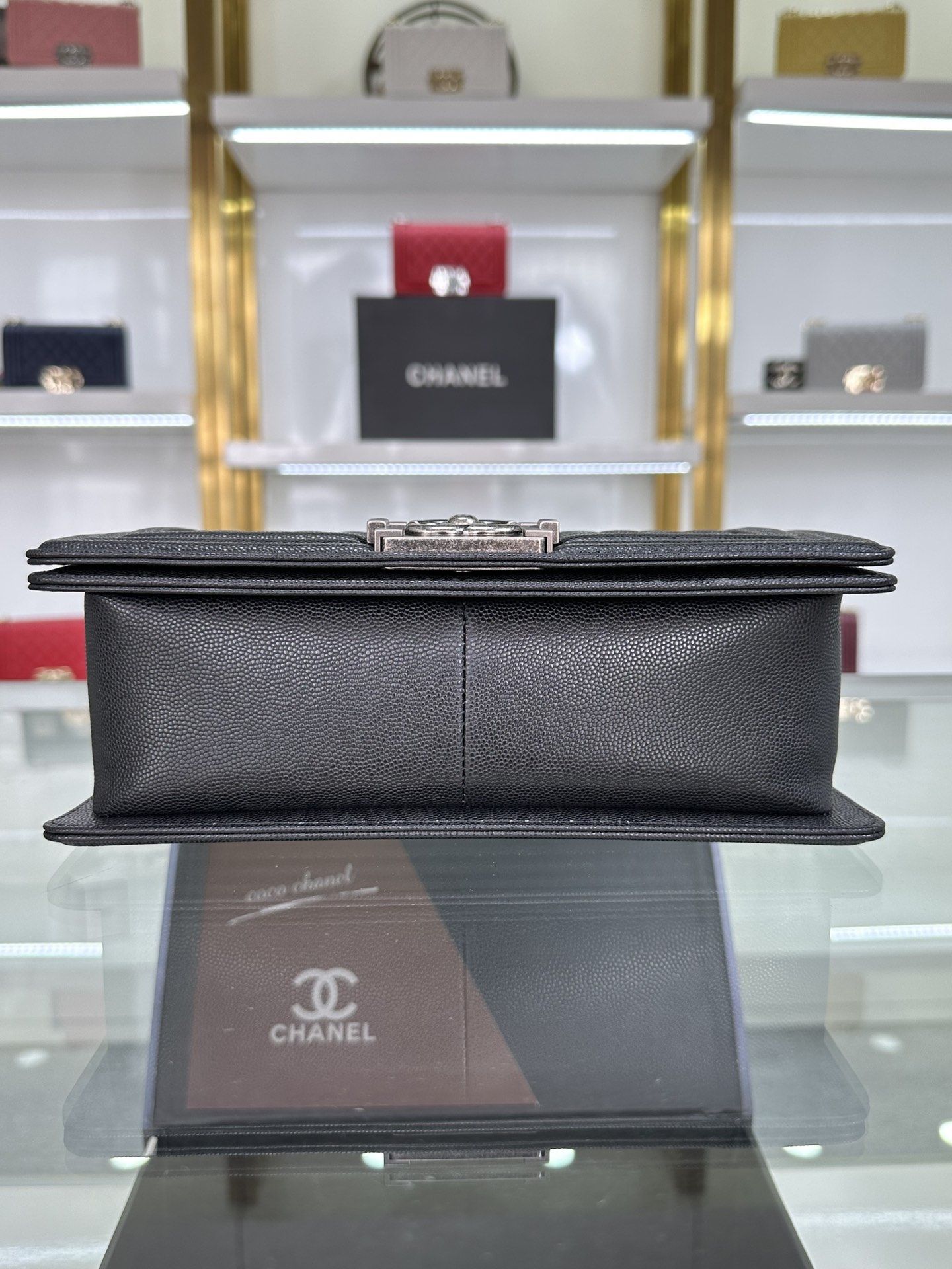 CHANEL BOY CHANEL Handbag Black Calfskin Ruthenium Finish Metal