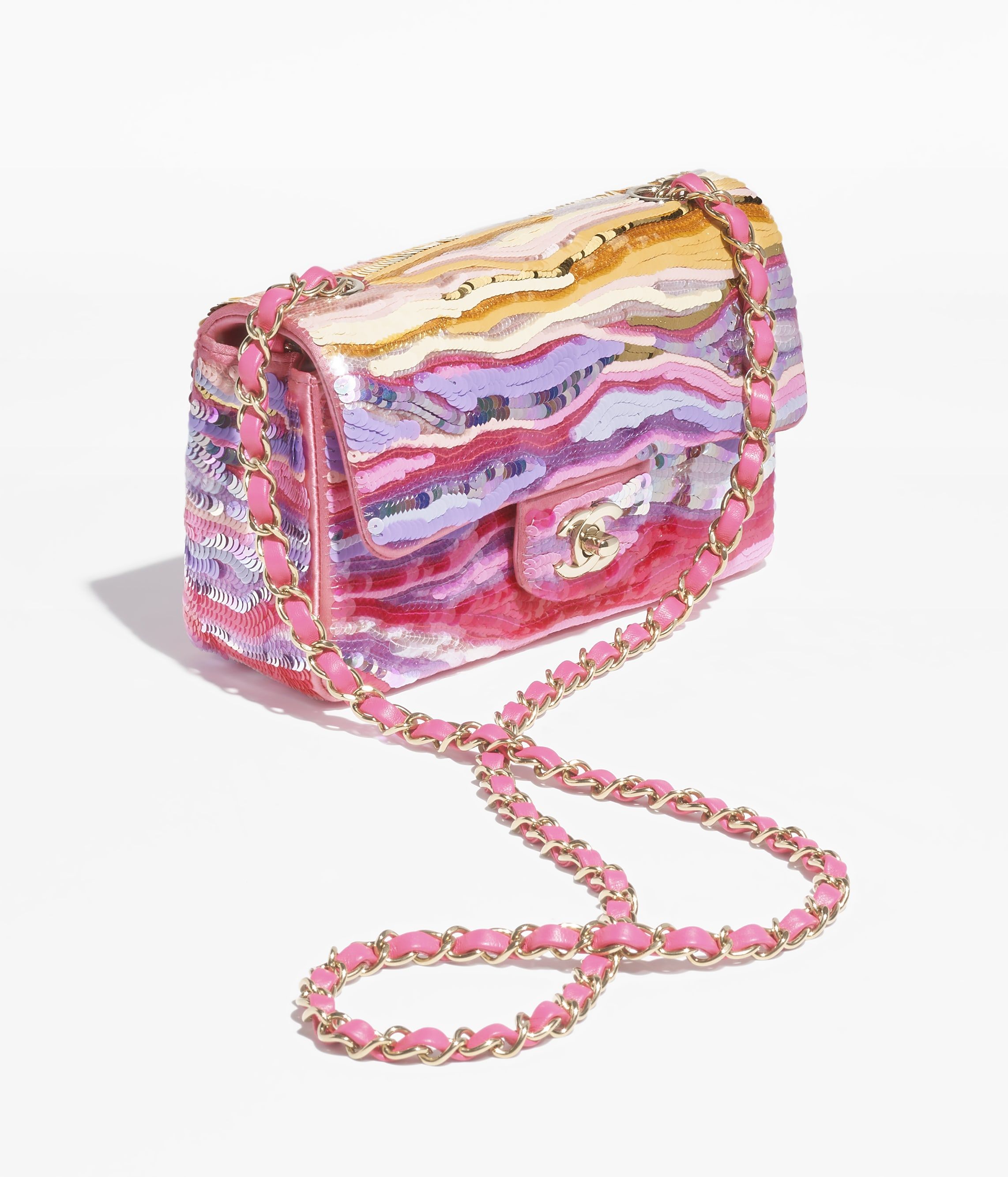 CHANEL Mini Flap Bag Yellow Purple Pink Embroidered Satin Sequins Gold Tone Metal