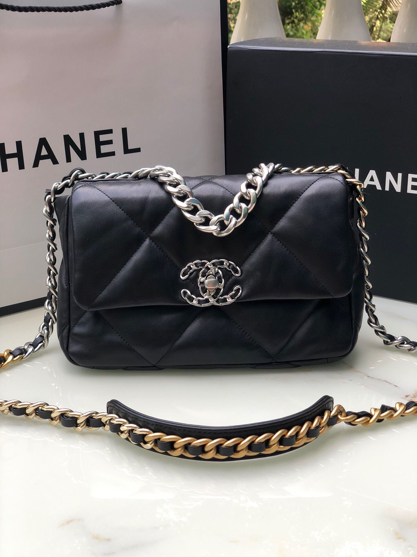 CHANEL 19 Handbag Black Shiny Lambskin Gold Tone Silver Tone Ruthenium Finish Metal