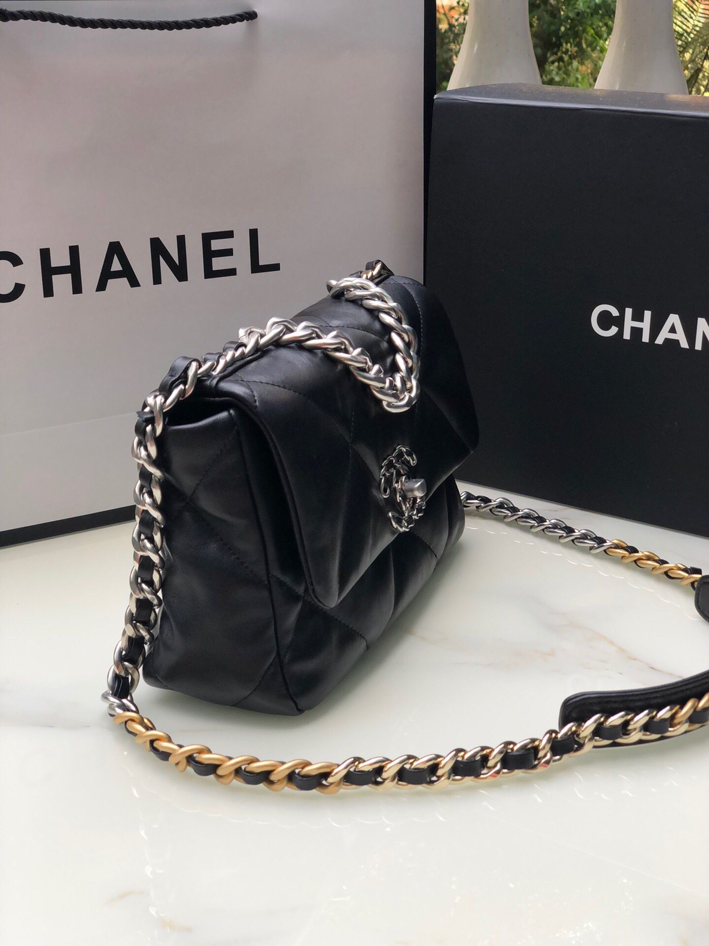 CHANEL 19 Handbag Black Shiny Lambskin Gold Tone Silver Tone Ruthenium Finish Metal