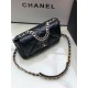 CHANEL 19 Handbag Black Shiny Lambskin Gold Tone Silver Tone Ruthenium Finish Metal