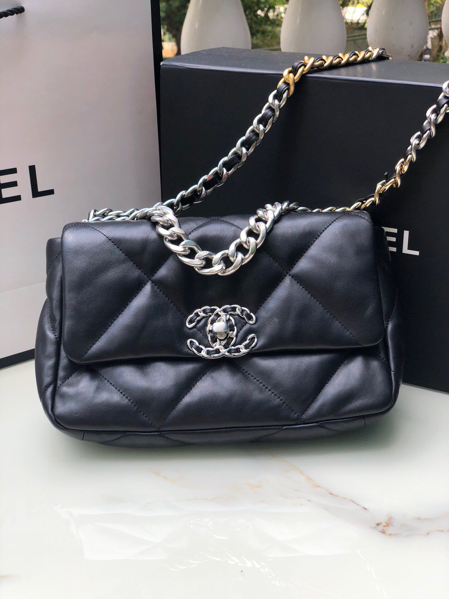 CHANEL 19 Handbag Black Shiny Lambskin Gold Tone Silver Tone Ruthenium Finish Metal