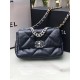 CHANEL 19 Handbag Black Shiny Lambskin Gold Tone Silver Tone Ruthenium Finish Metal