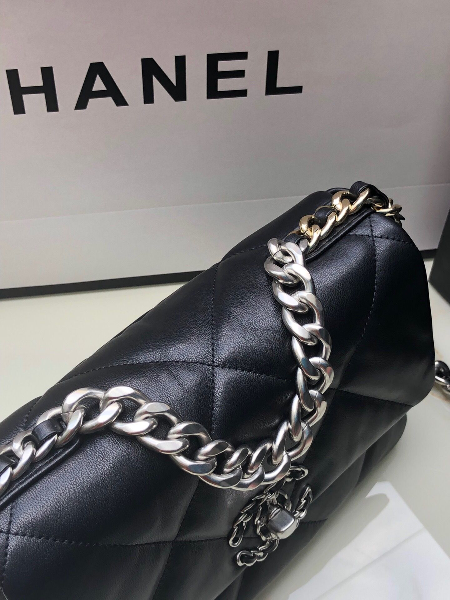 CHANEL 19 Handbag Black Shiny Lambskin Gold Tone Silver Tone Ruthenium Finish Metal