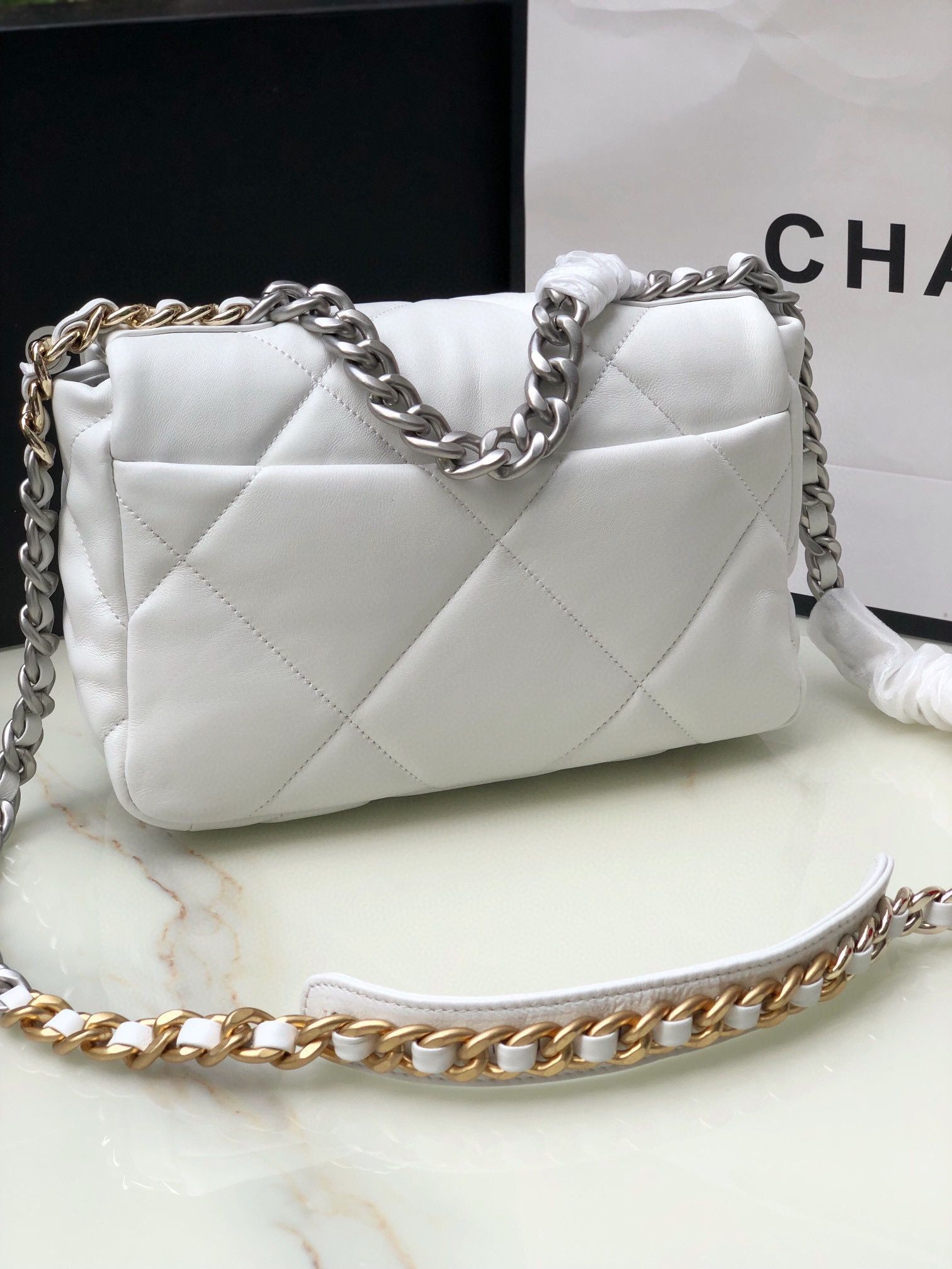 CHANEL 19 Handbag White Shiny Lambskin Gold Tone Silver Tone Ruthenium Finish Metal