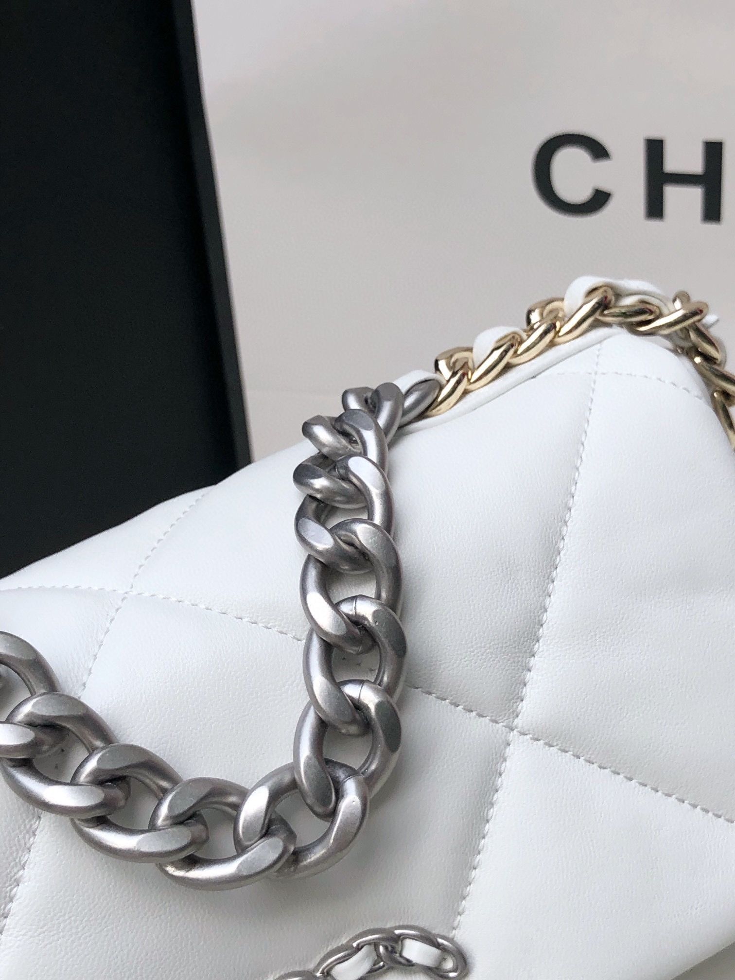 CHANEL 19 Handbag White Shiny Lambskin Gold Tone Silver Tone Ruthenium Finish Metal