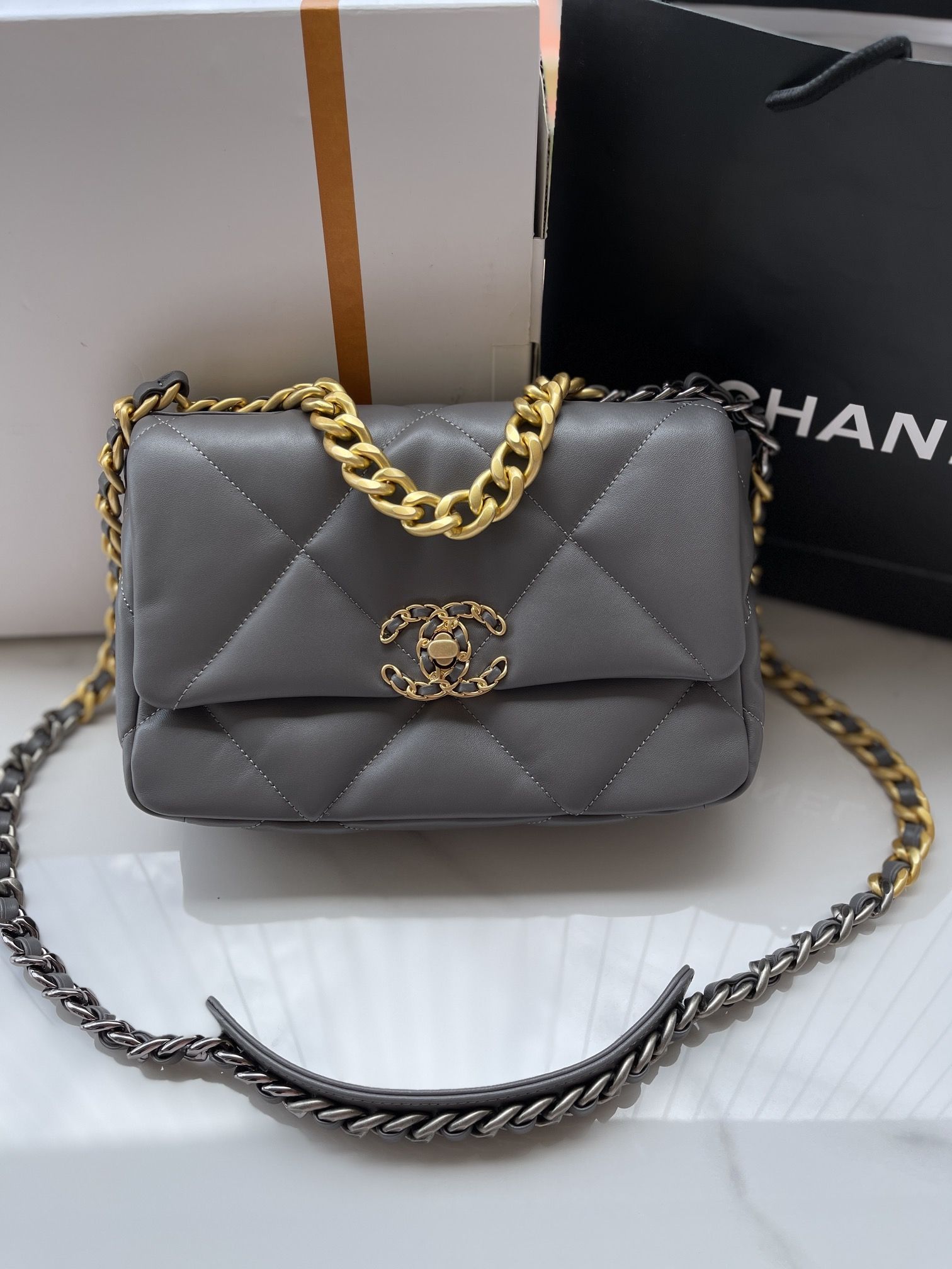 CHANEL 19 Handbag Dark Gray Shiny Lambskin Gold Tone Silver Tone Ruthenium Finish Metal