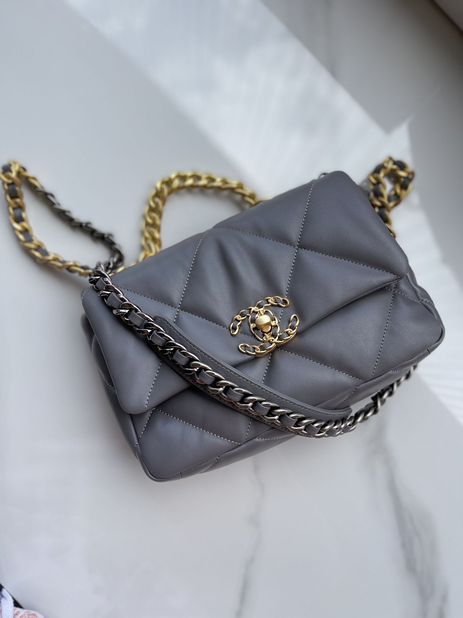 CHANEL 19 Handbag Dark Gray Shiny Lambskin Gold Tone Silver Tone Ruthenium Finish Metal