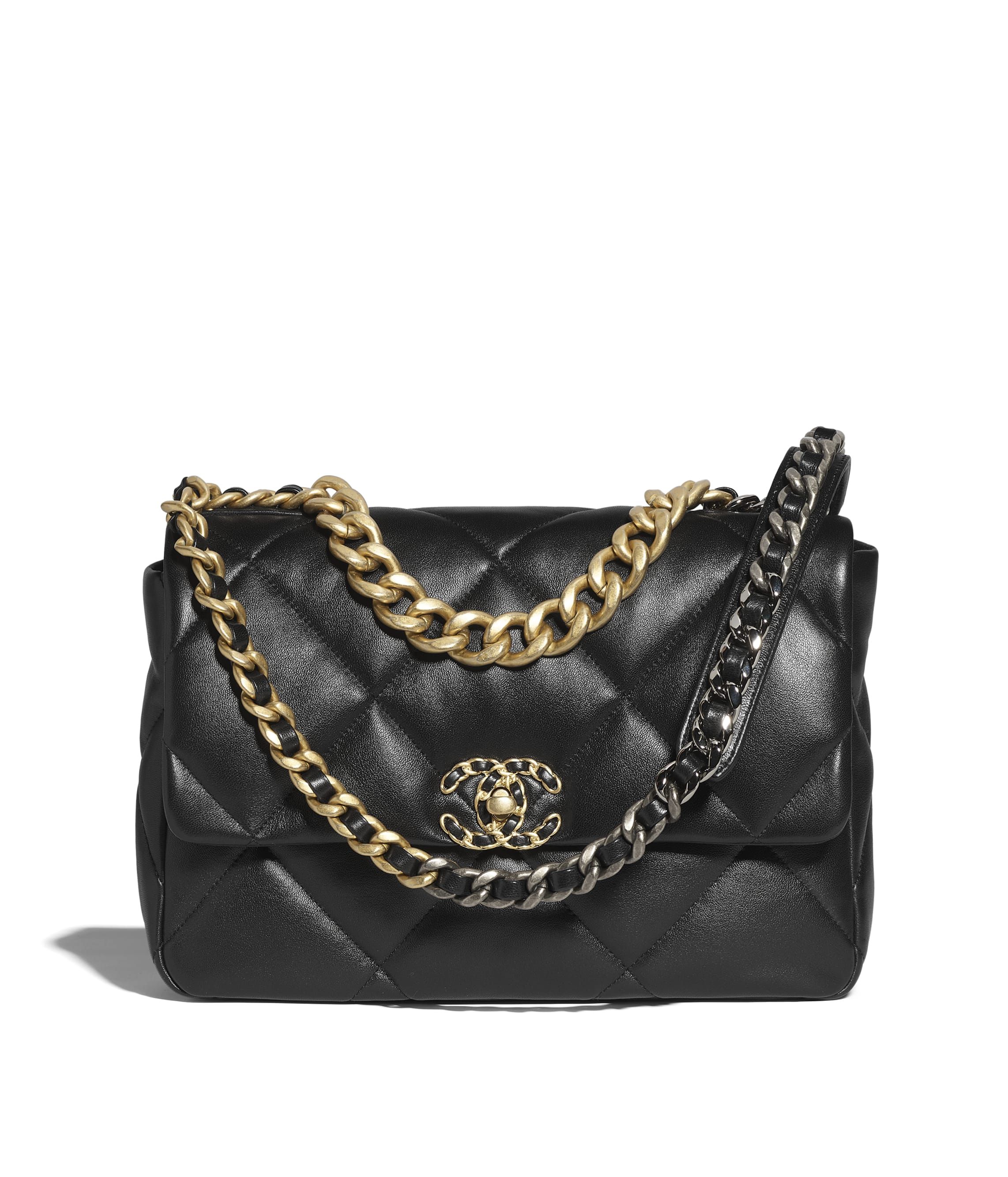 CHANEL 19 Large Handbag Black Shiny Lambskin Gold Tone Silver Tone Ruthenium Finish Metal